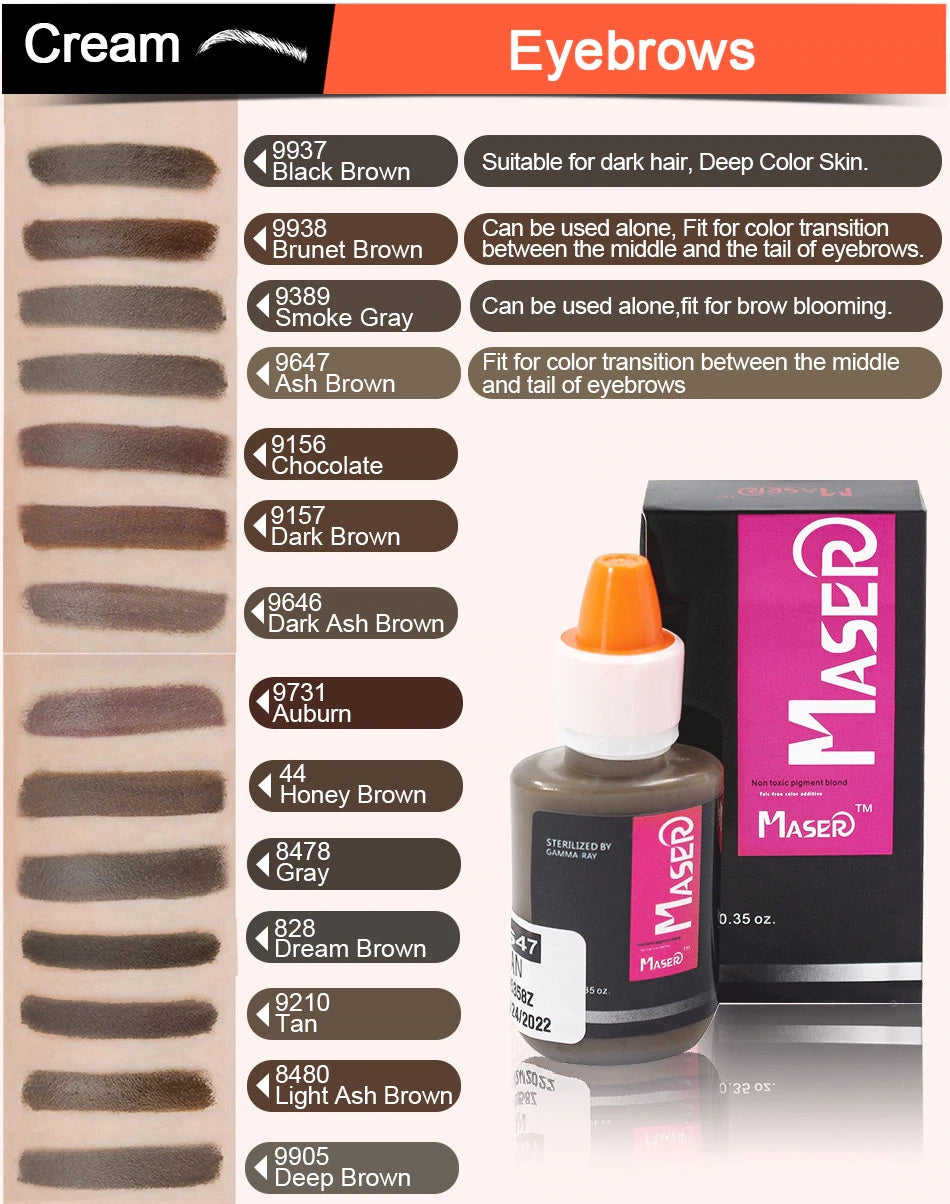 Maser eyebrow tattoo pigment ink color swatches and bottle, ideal for microblading and permanent makeup.