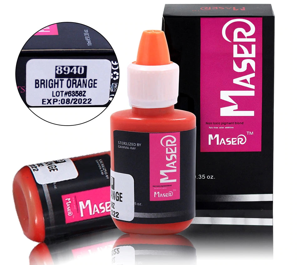 Maser Bright Orange tattoo pigment ink for permanent makeup, with product code, lot number, and expiration date detail.