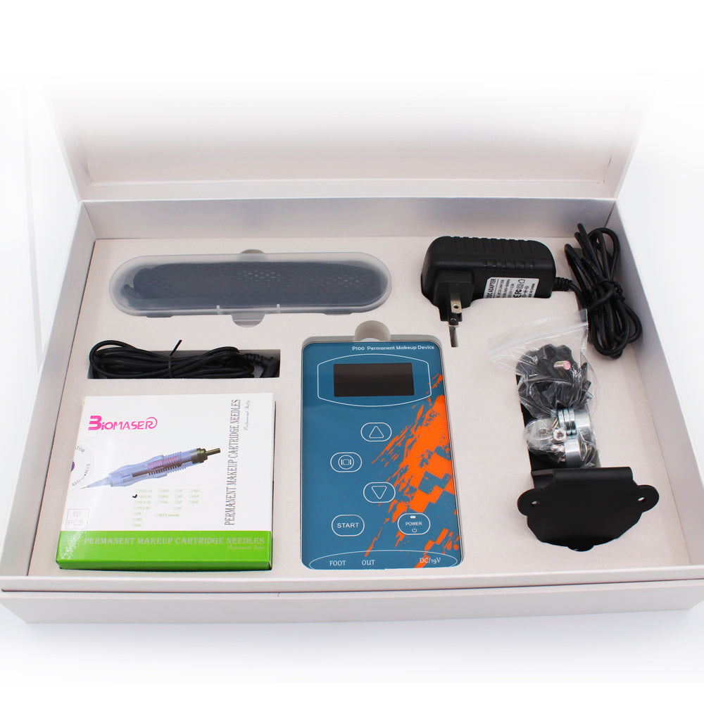 BMX P100 PMU Kit, complete with control panel, power supply, and needles, professional tattoo equipment.