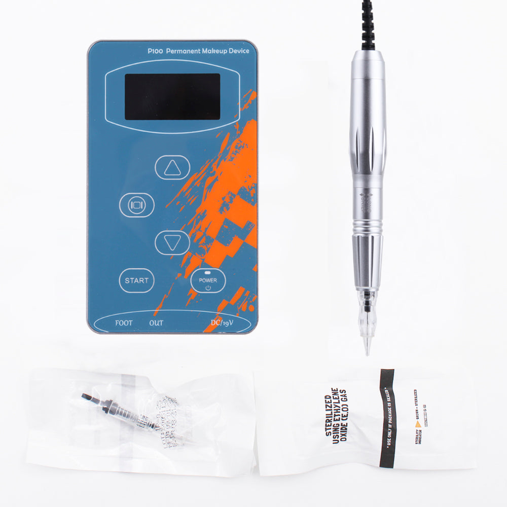 BMX P100 Professional PMU Machine Kit, featuring a blue control panel, silver tattoo pen, and sterilized needles
