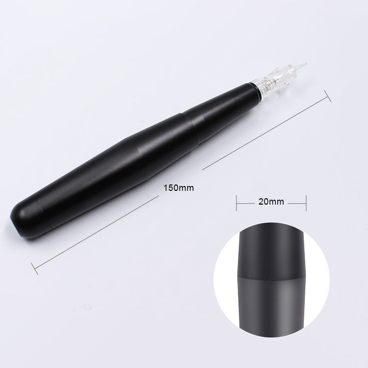 Biomaser E005 PMU pen in black, dimensions for eyebrow, lip, and MTS permanent makeup. 150mm length and 20mm diameter.