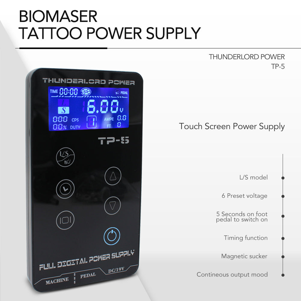 Biomaser TP-5 touch screen digital tattoo power supply, featuring voltage and amperage display for precise control