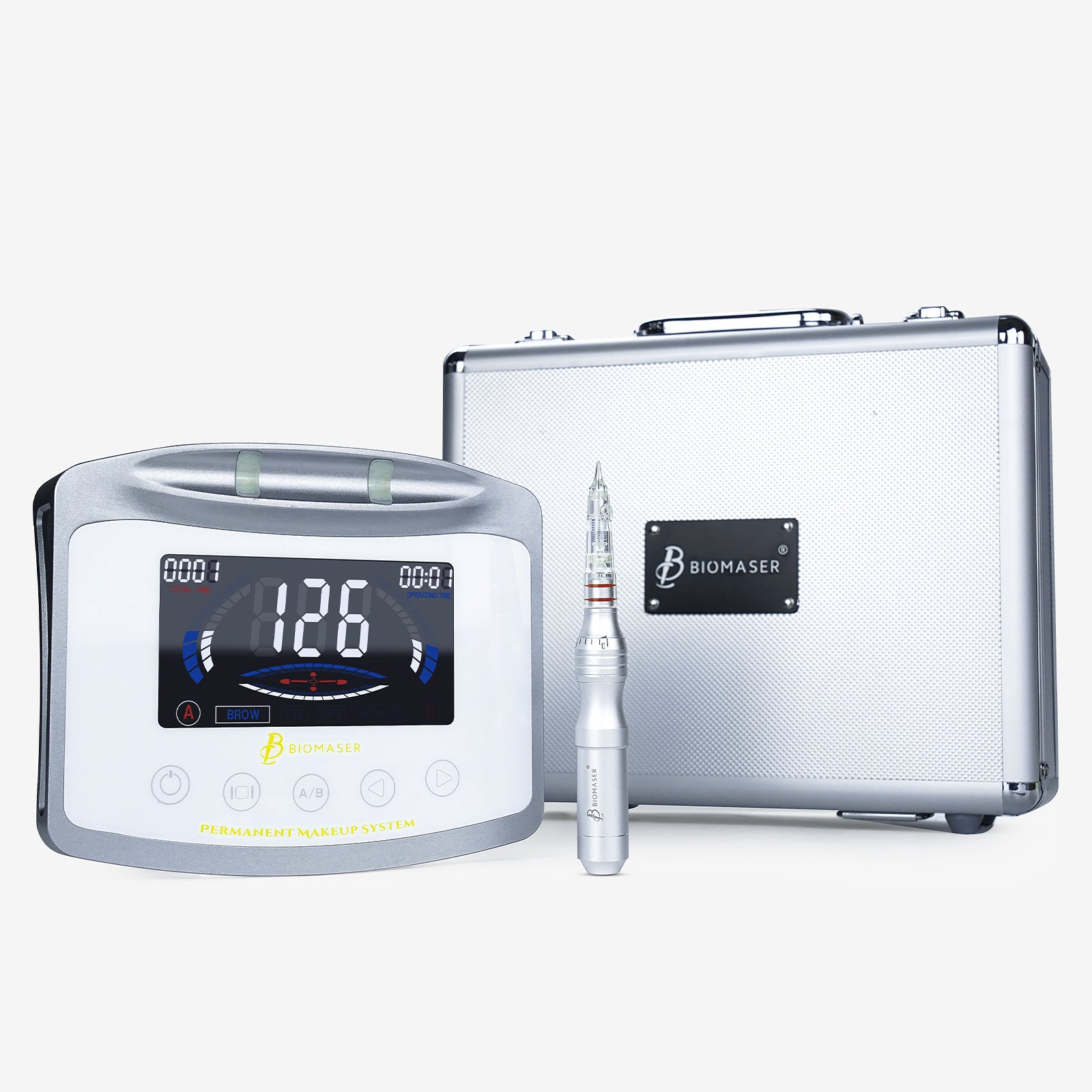 Biomaser X1 permanent makeup kit, includes power device, handpiece, needles and aluminum case. Professional tattoo equipment.