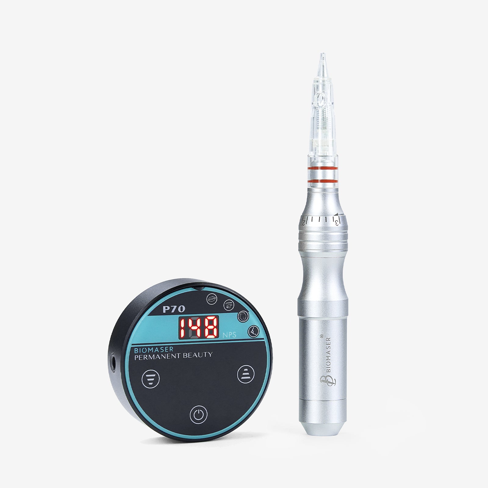 Biomaser P70 Mini PMU Machine Kit with digital control and pen. Professional tattoo equipment for permanent makeup.