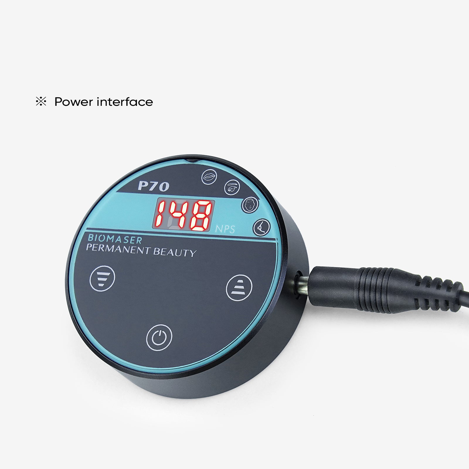 Biomaser P70 Mini PMU Machine power interface detail. Digital control for professional permanent makeup.