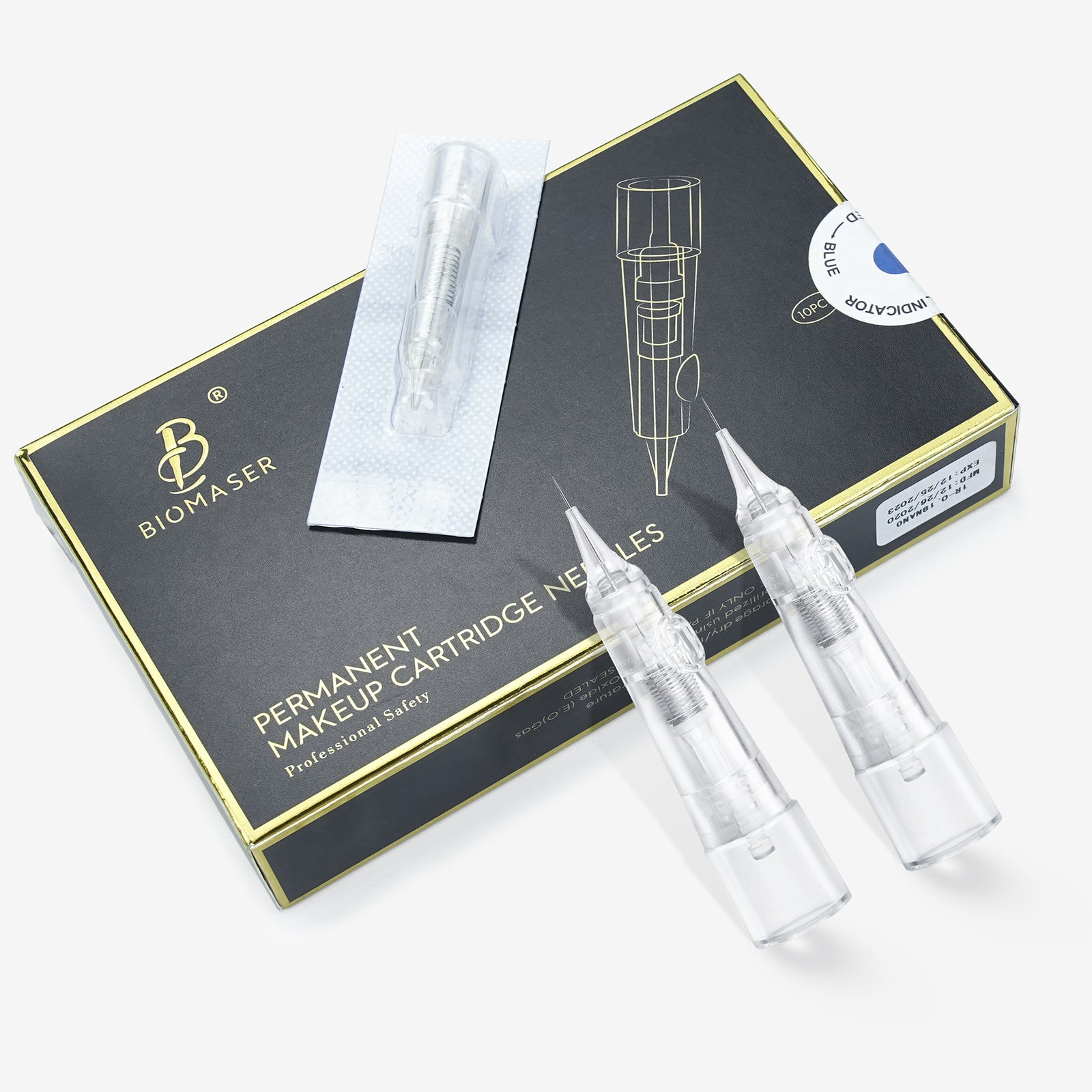 Biomaser Permanent Makeup Cartridge Needles box set, 1R-0.18NANO needle, sterile and safe for professional tattoo use.