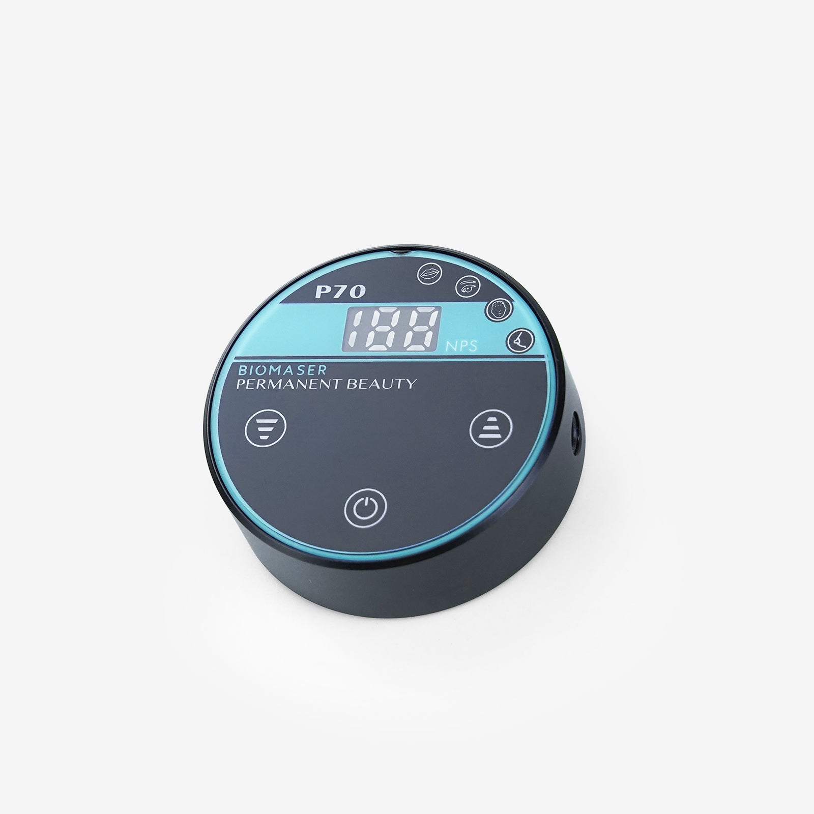 Biomaser P70 Mini Power Supply. Digital display, professional tattoo equipment for PMU, featuring the Biomaser brand.