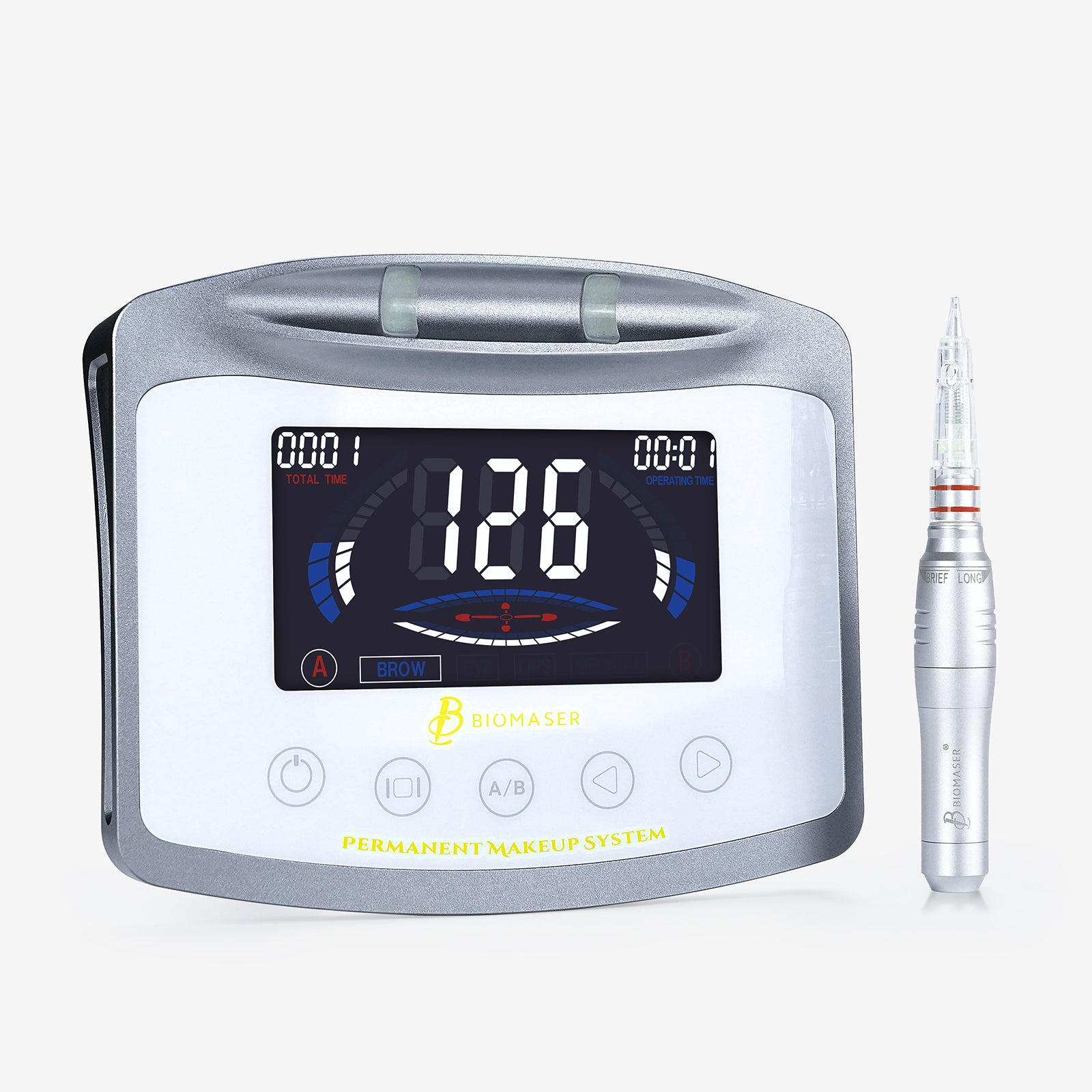 Biomaser X1 permanent makeup machine with digital display and handpiece. Professional tattoo equipment.