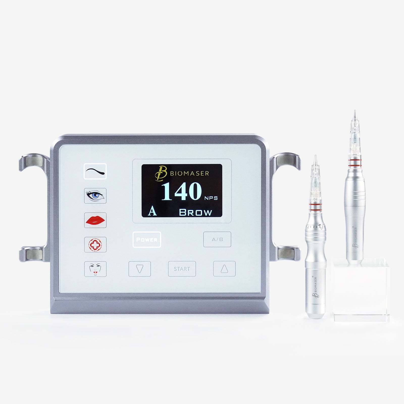 Biomaser P1 PMU machine kit, digital touch screen with 140 NPS and eyebrow settings, professional cosmetic tattoo equipment.