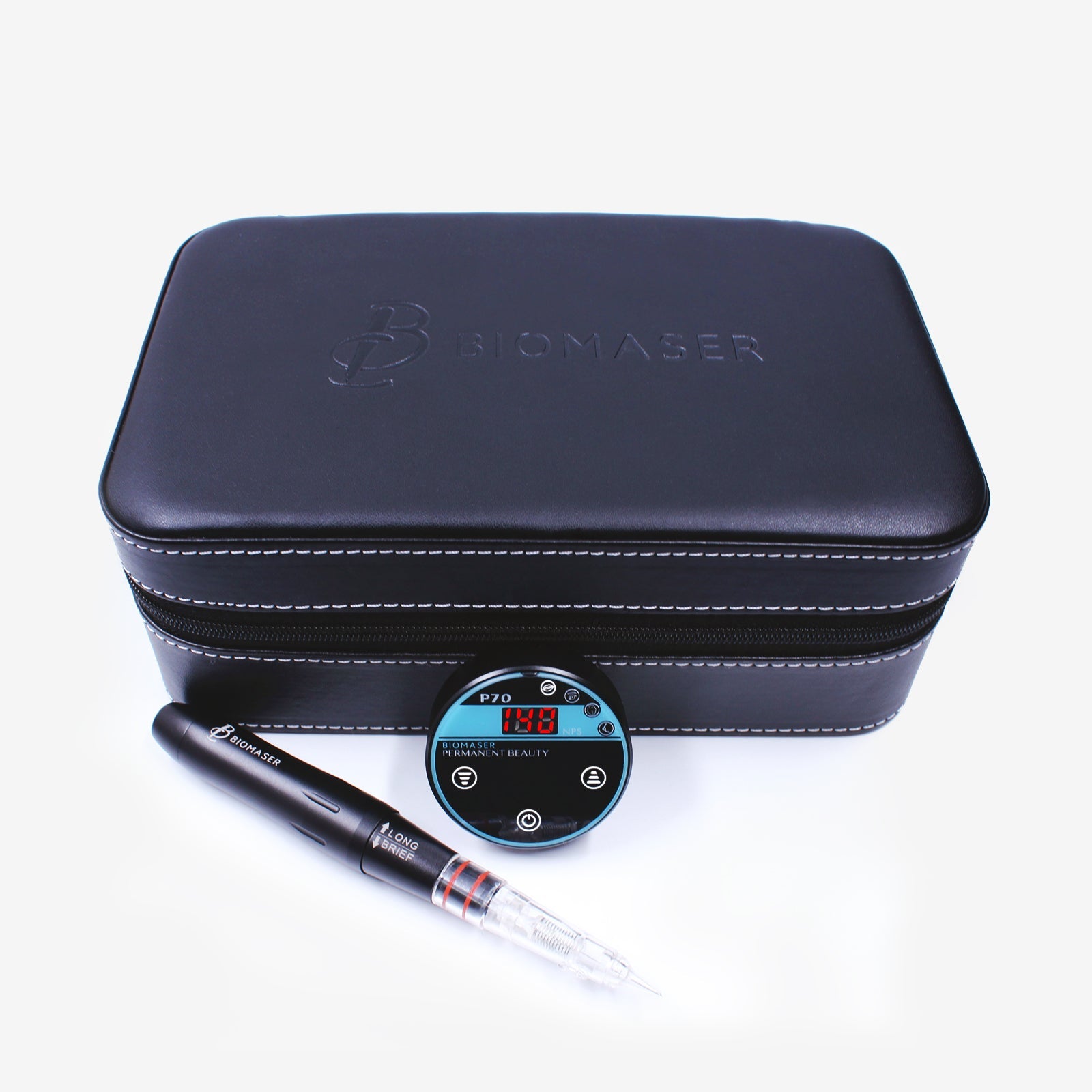Biomaser P70 PMU set: machine, power supply, and case. Professional tattoo equipment for permanent makeup.