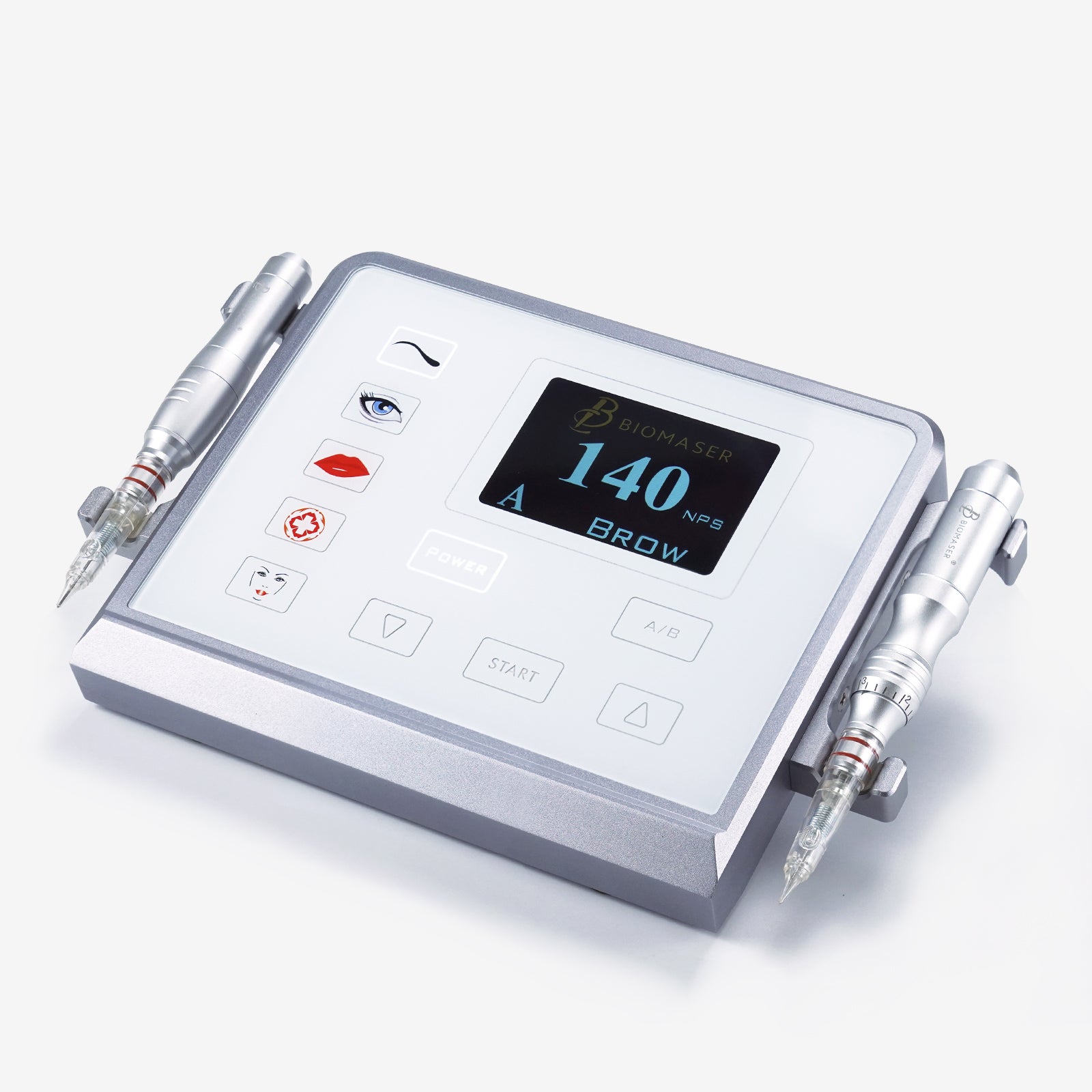 Biomaser P1 PMU machine, silver aluminum digital panel, with eyebrow settings and handpieces for professional tattoo.