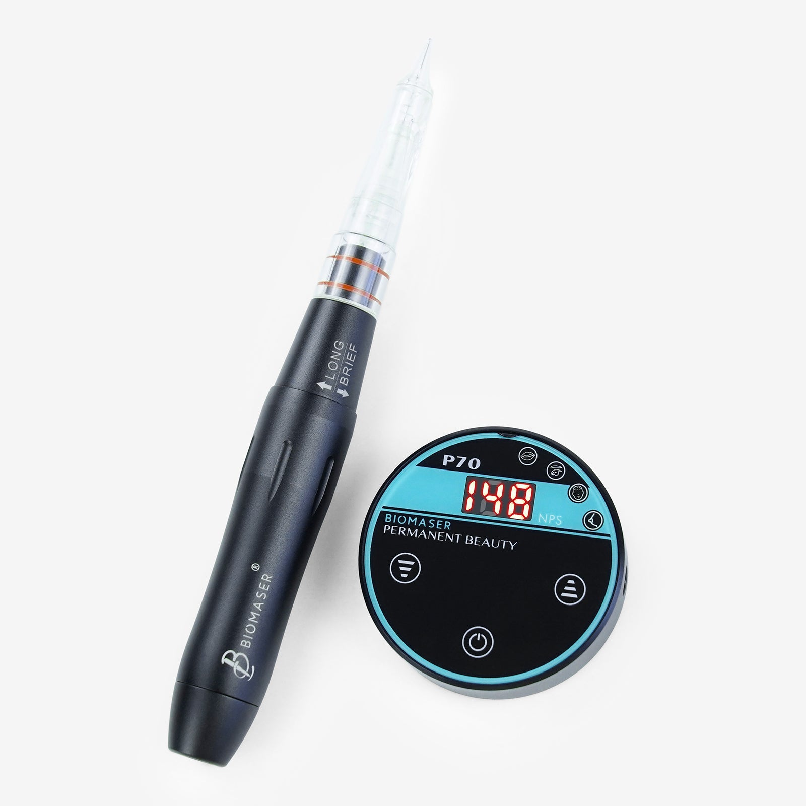 Biomaser P70 PMU Set: Black PMU machine, digital power supply for professional permanent makeup, tattoo equipment