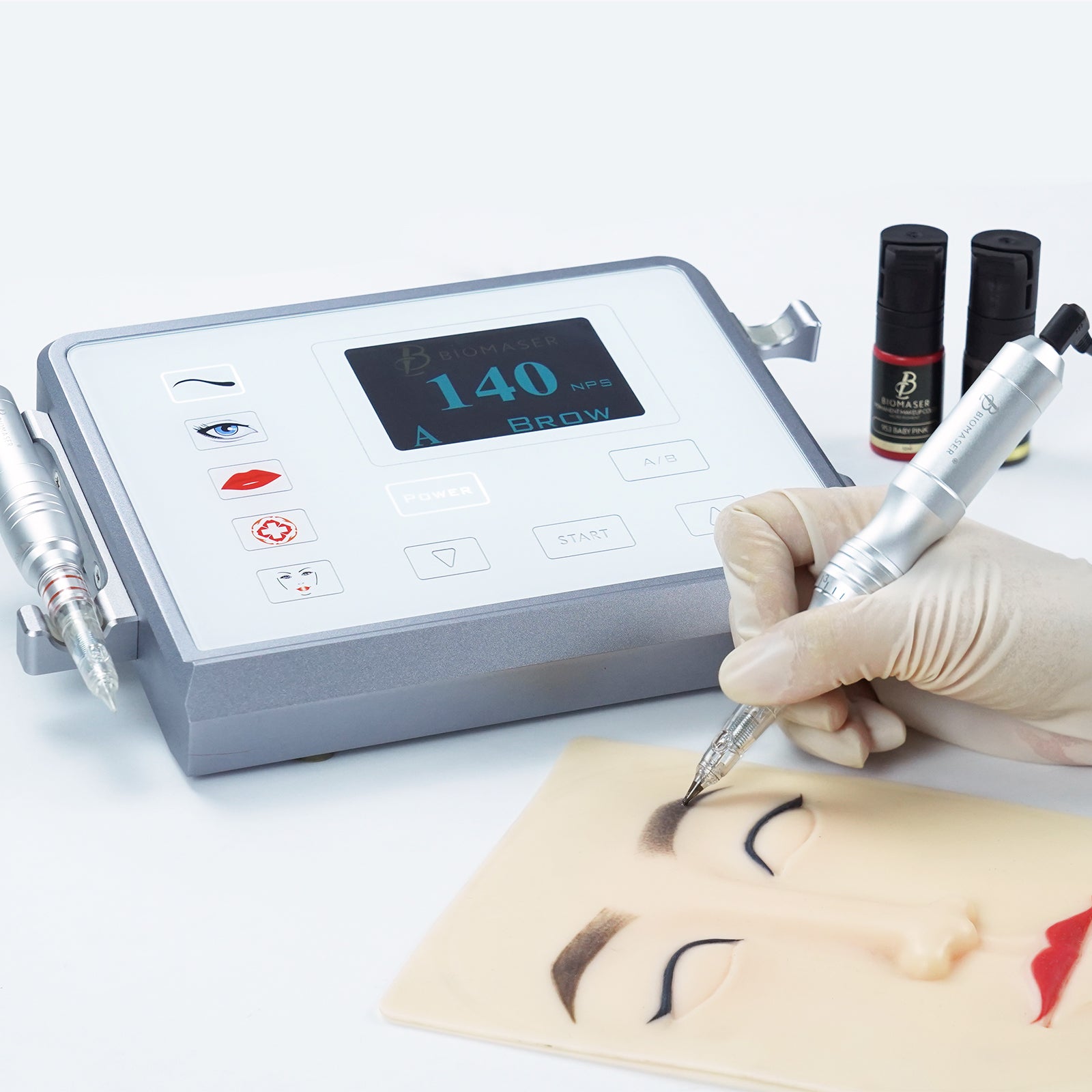 Biomaser P1 PMU machine kit with eyebrow settings in use, digital touch screen, professional cosmetic tattoo equipment.