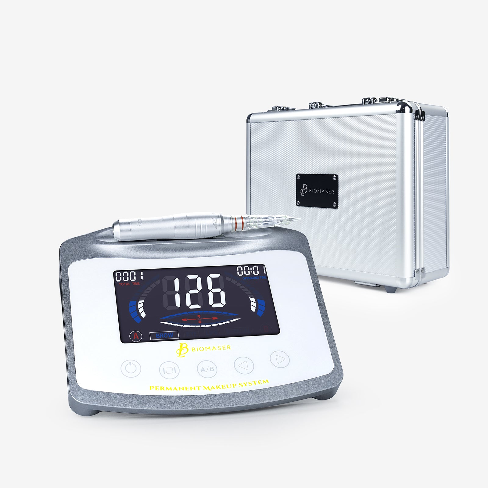 Biomaser X1 PMU machine kit with digital display and handpiece, silver case for professional tattoo artists.