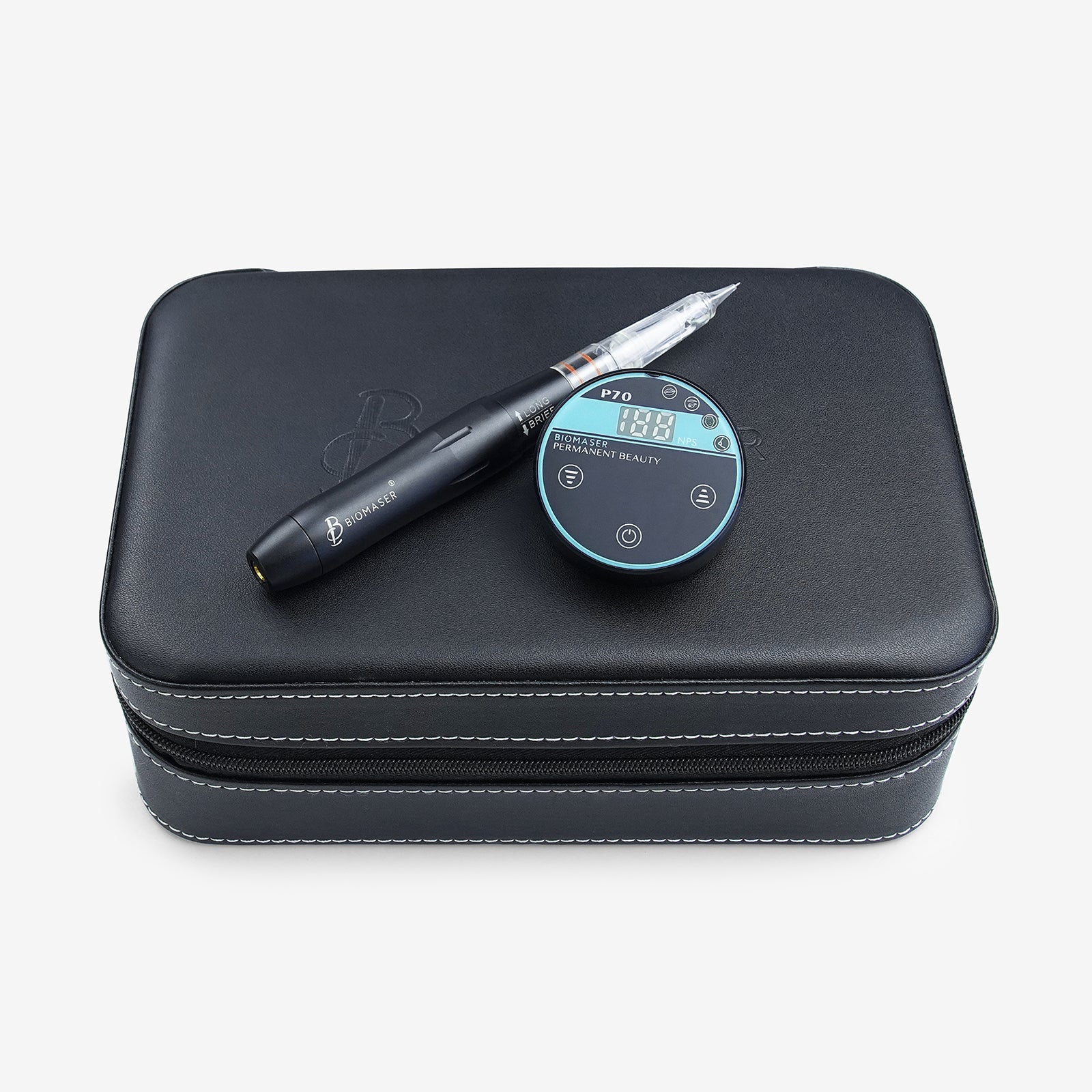 Biomaser P70 PMU Set with black permanent makeup pen, power supply, and case for professional tattoo equipment