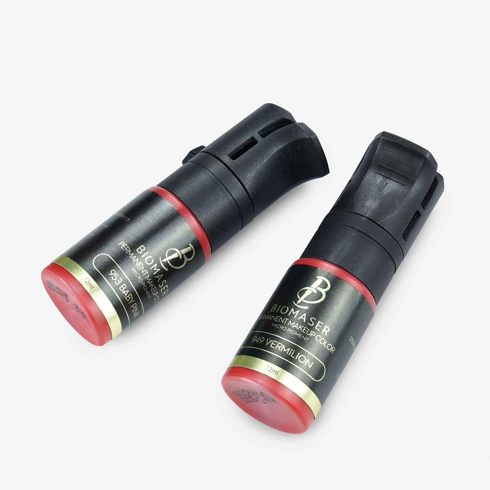 Biomaser 953 Baby Pink and 949 Vermilion lip pigment ink for permanent makeup. Professional tattoo supplies.
