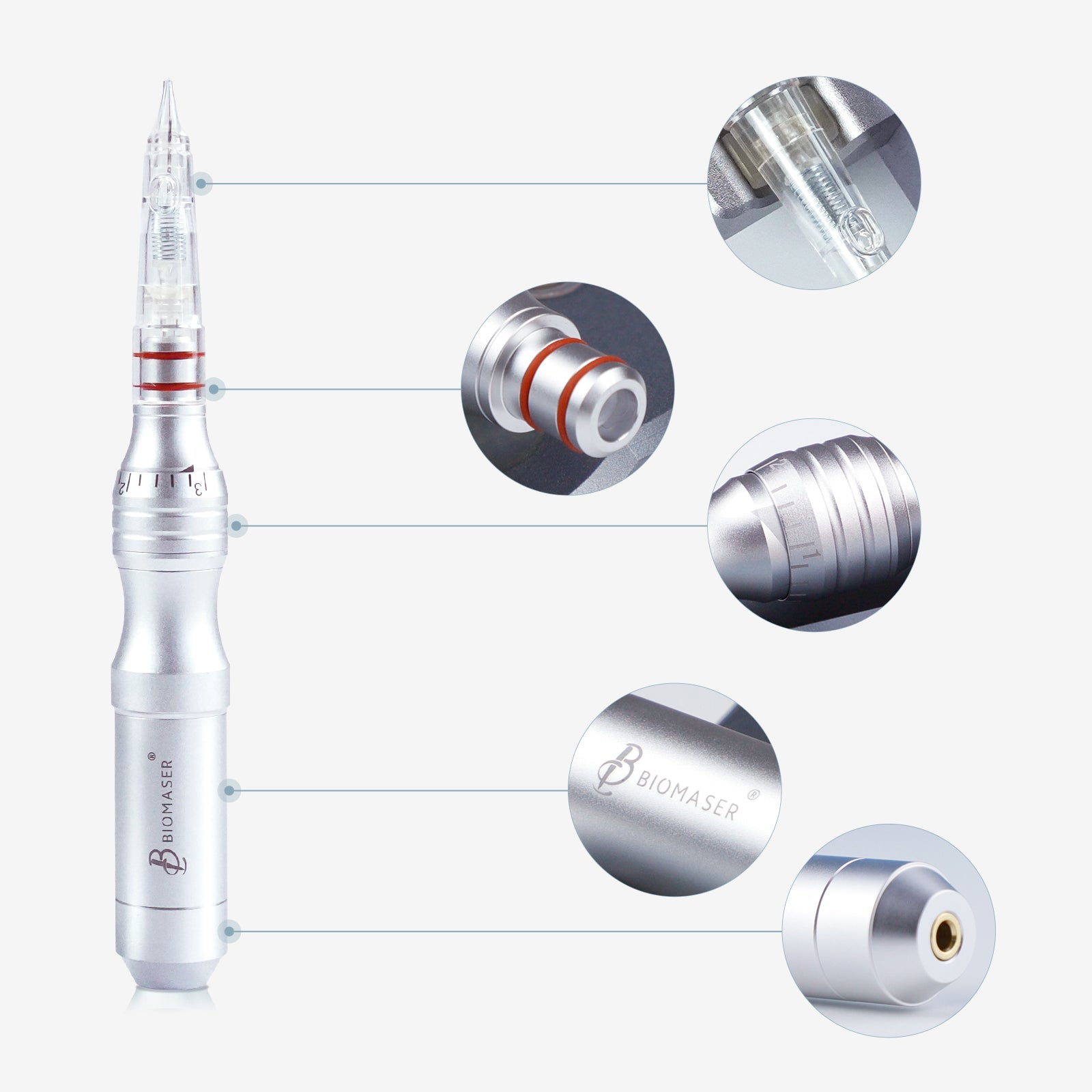 Biomaser P1 PMU machine handpiece, silver aluminum design, for professional tattoo and microblading