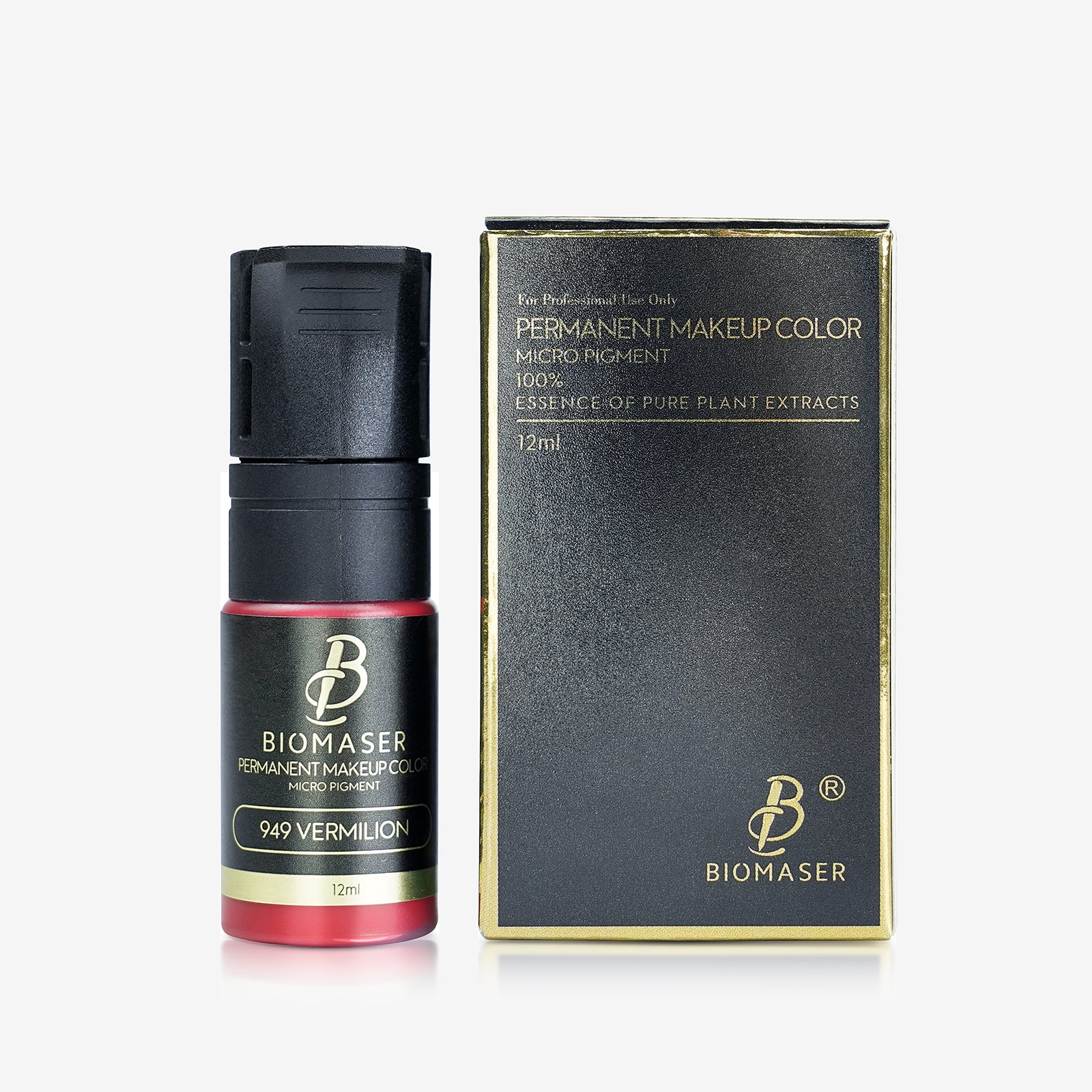 Biomaser 949 Vermilion lip pigment ink for permanent makeup, 12ml bottle and product box. Tattoo supplies.