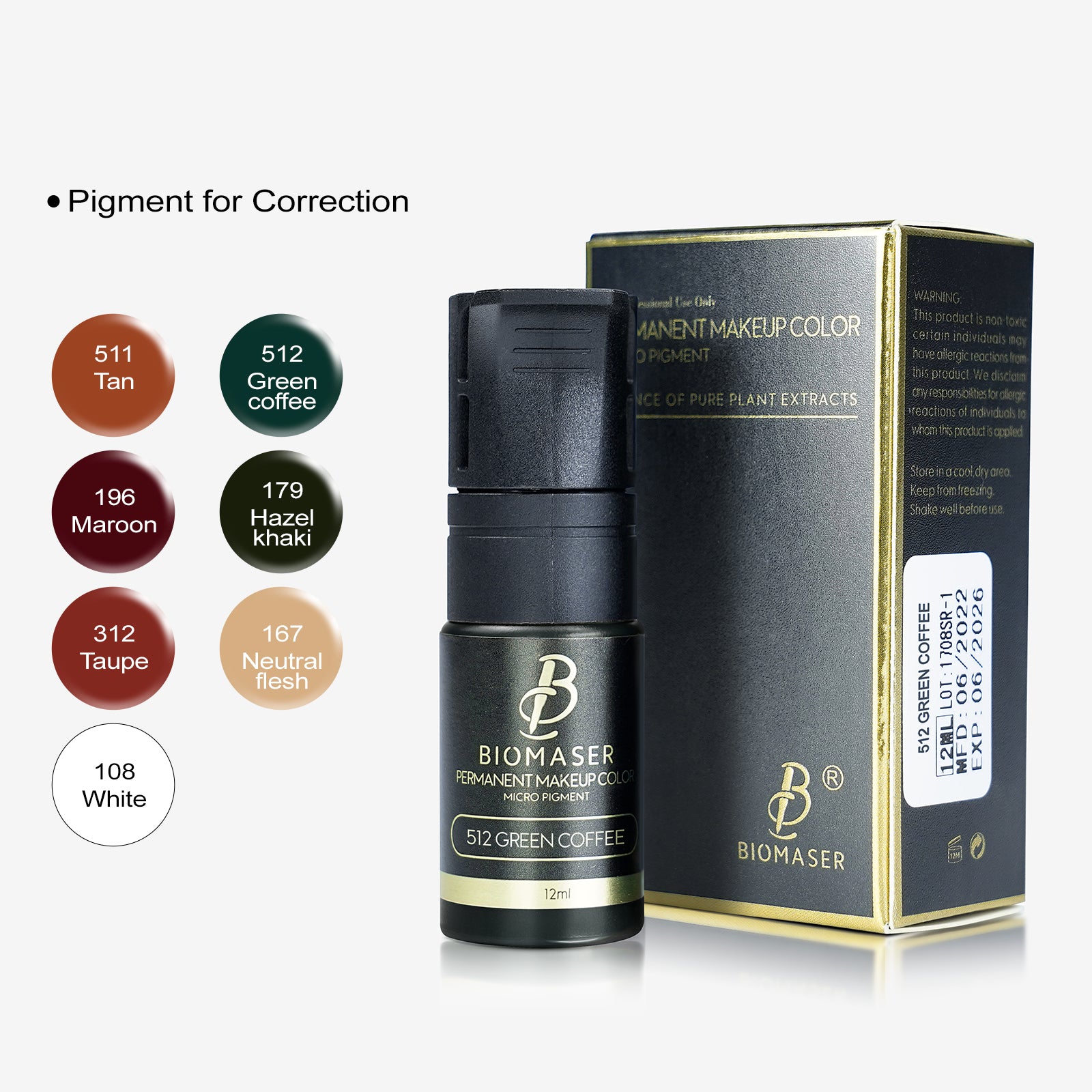 Biomaser 512 Green Coffee permanent makeup pigment ink for microblading, 12ml. Tattoo pigment for eyebrow correction