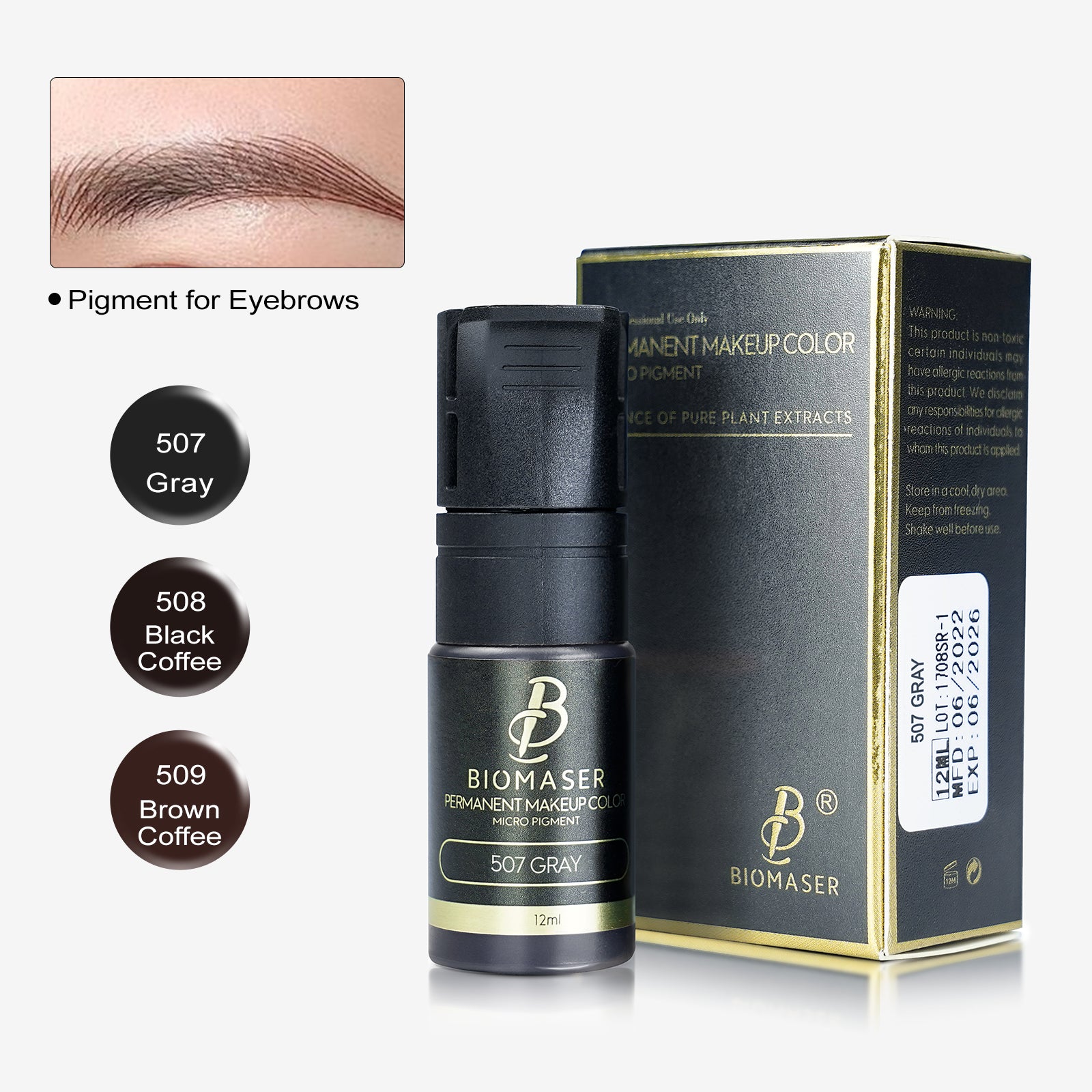Biomaser 507 Gray eyebrow pigment ink, 12ml bottle, permanent makeup supplies, for professional tattoo artists