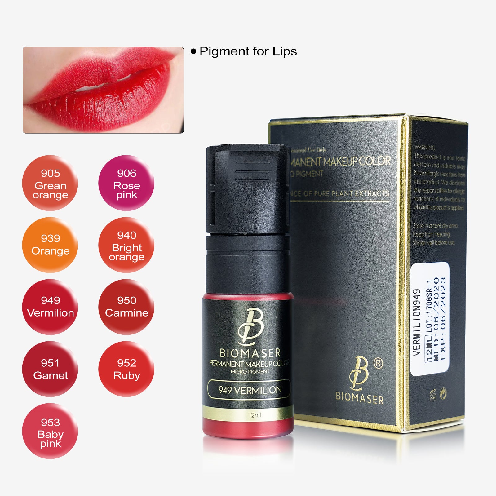 Biomaser 949 Vermilion lip pigment ink, 12ml bottle for permanent makeup with sample lips, professional tattoo tools.