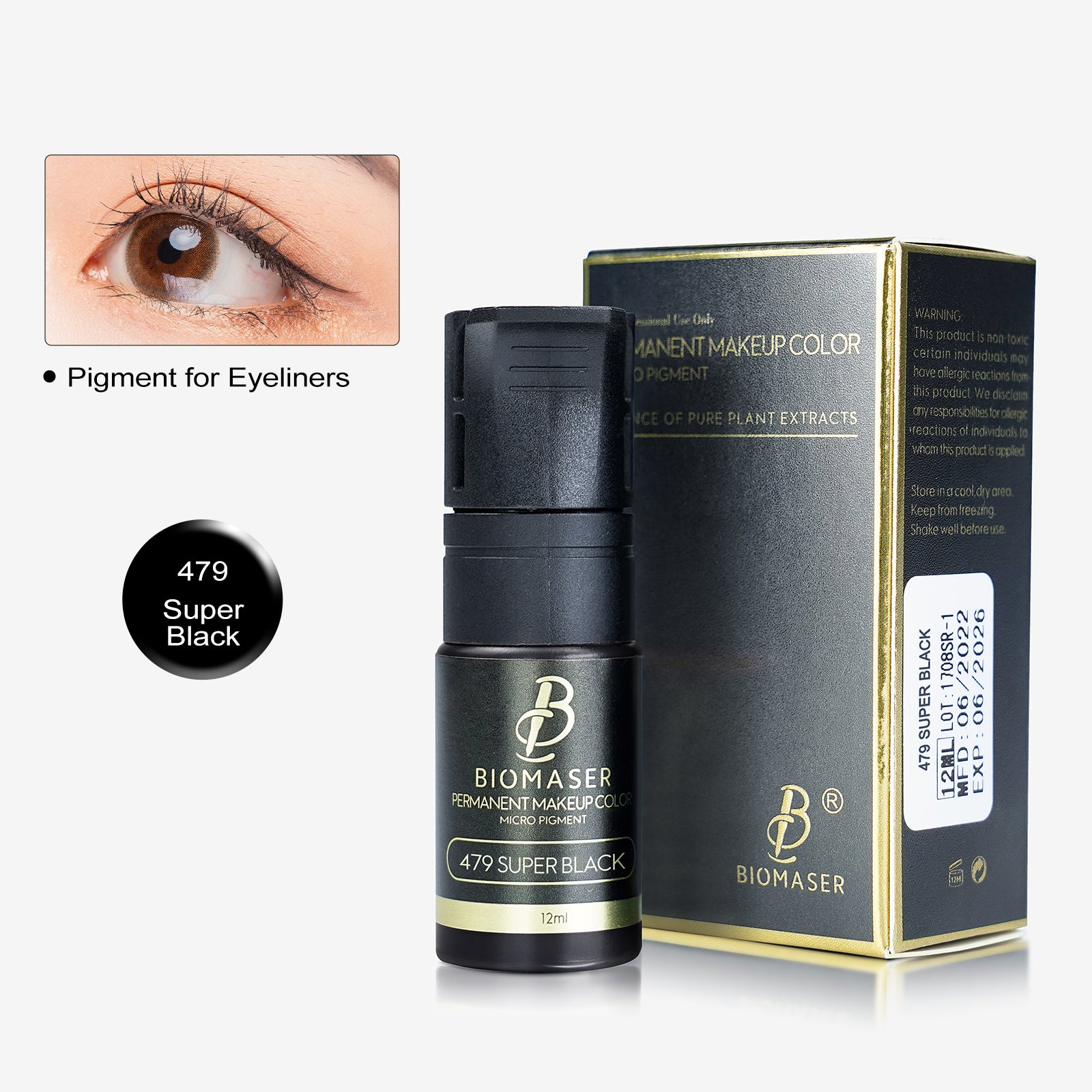 Biomaser 479 Super Black permanent makeup pigment for eyeliner. 12ml bottle, medical-grade for professional use.