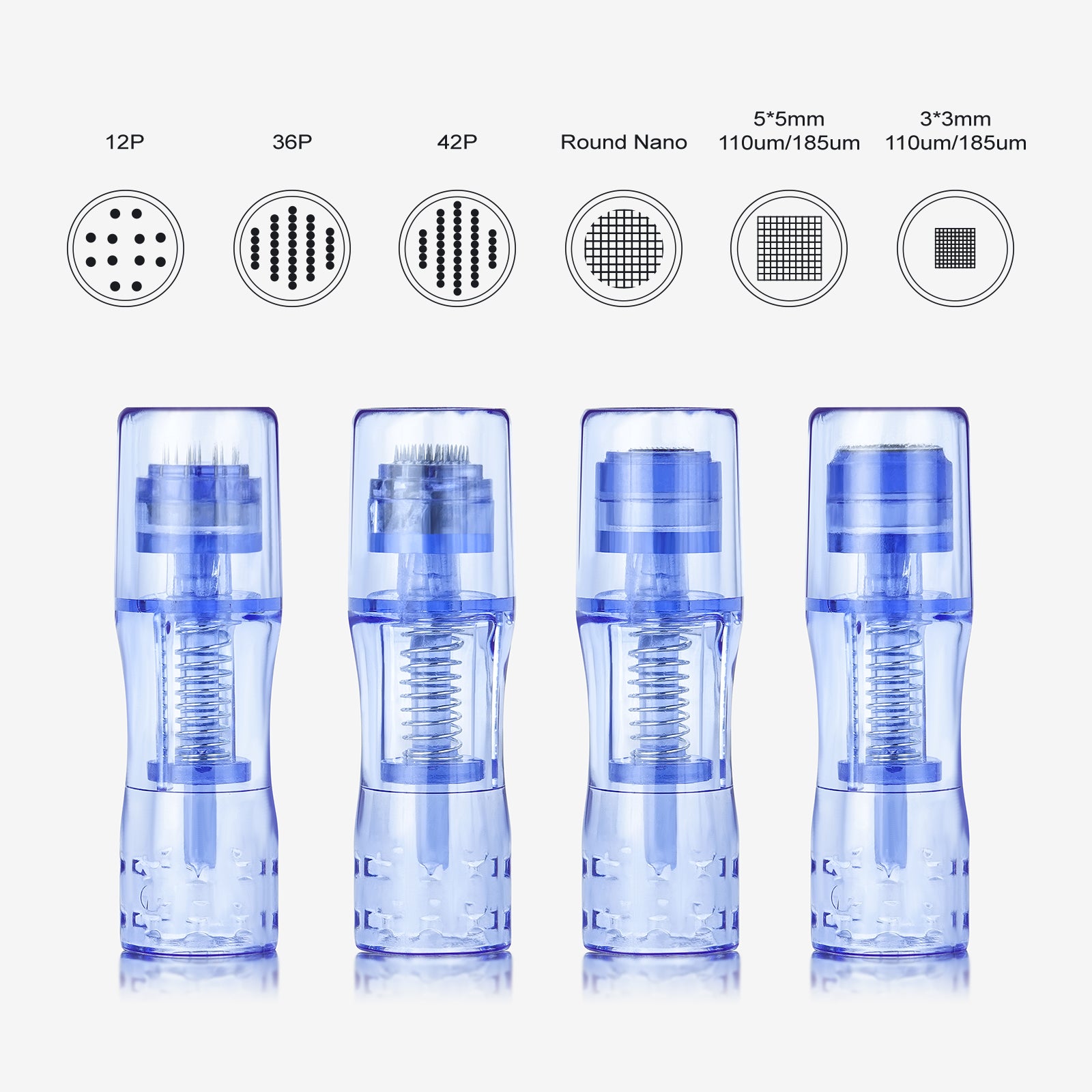 Biomaser MTS needles for PMU, featuring 12P, 36P, 42P, Round Nano, 5*5mm, 3*3mm configurations. Tattoo supplies.