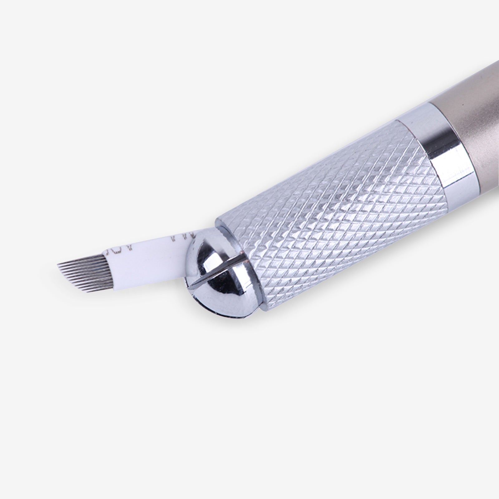 Microblading eyebrow tattoo pen with stainless steel body and blade cartridge, professional tattoo equipment.