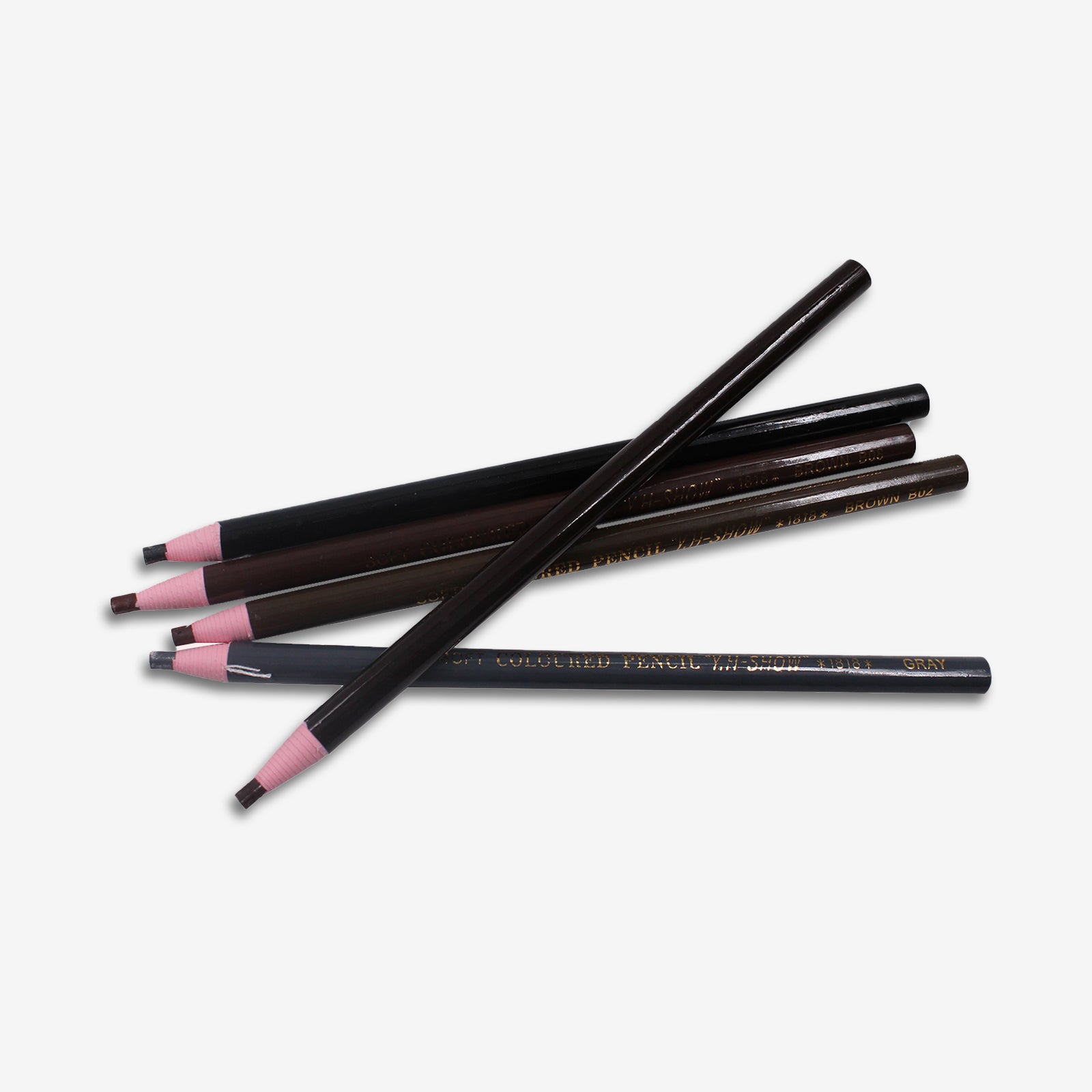 Eyebrow pencils set featuring shades of brown, coffee, gray, and black for microblading and permanent makeup.
