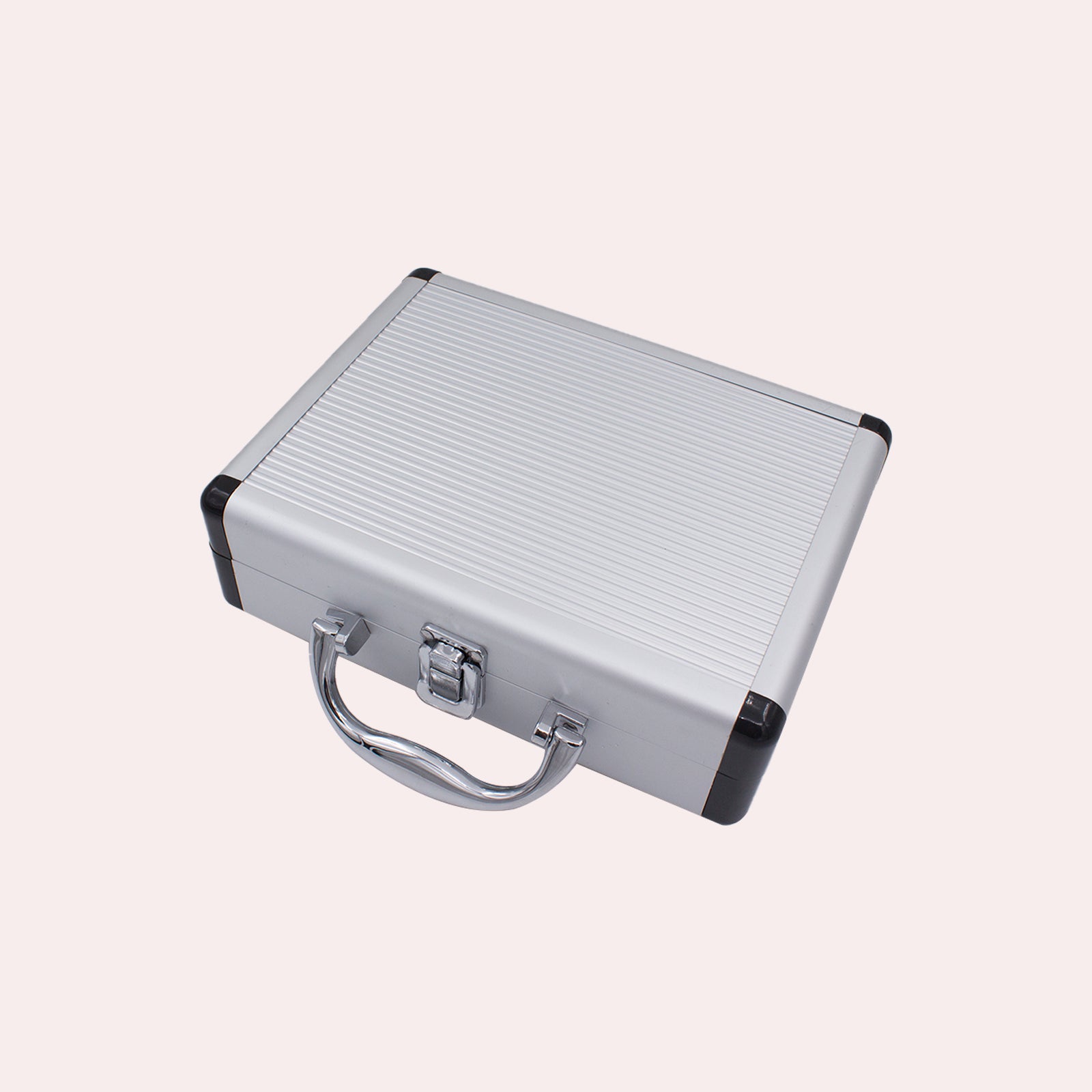 Biomaser aluminum carrying case for tattoo supplies, silver with black corner accents and handle