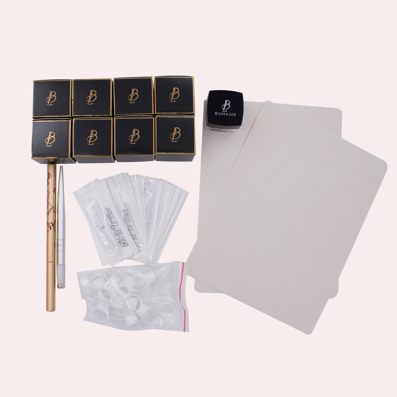 Biomaser 3D Microblading kit with needles, pigment, pen and ring cups. Professional tattoo supplies for eyebrow microblading.