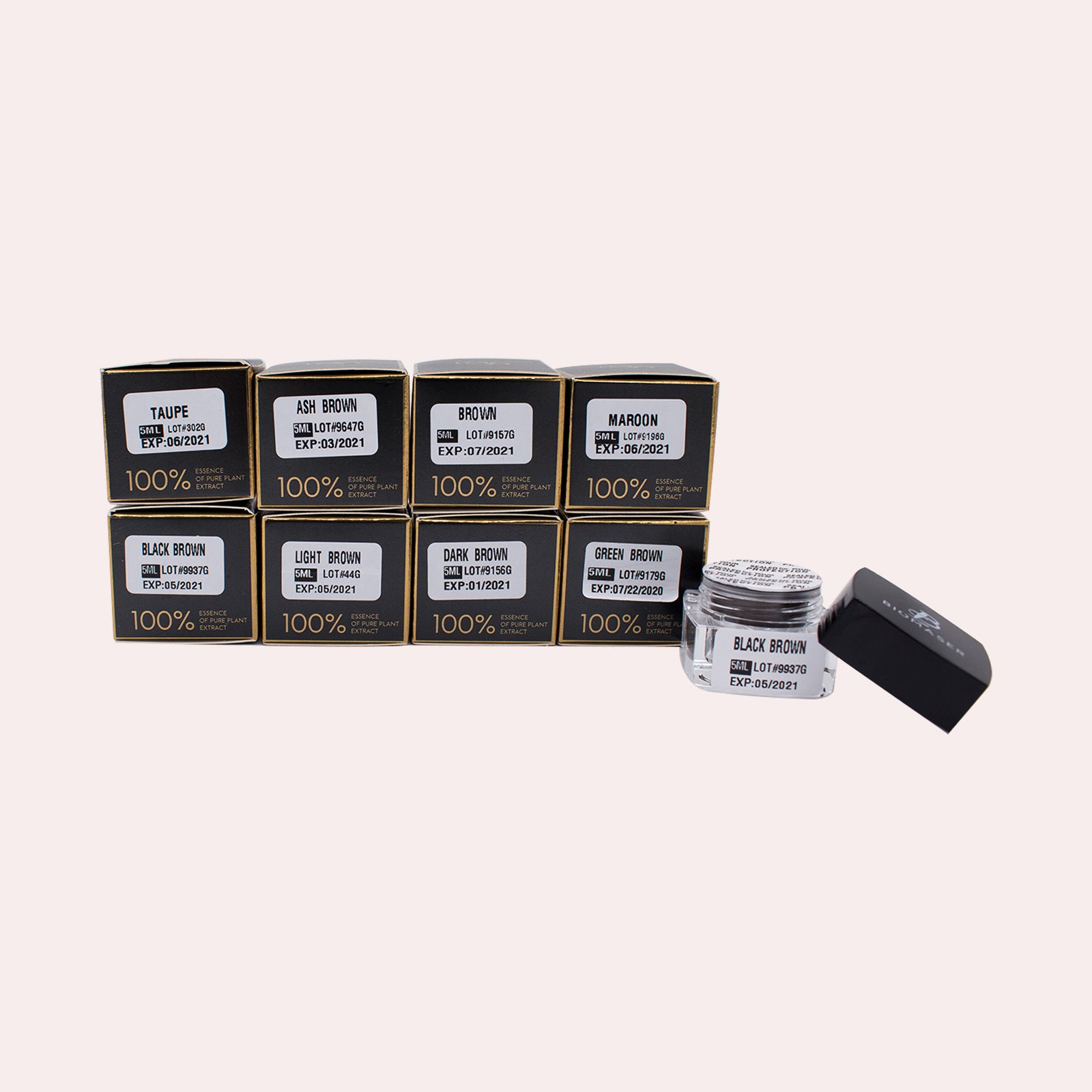 Biomaser tattoo pigment inks for professional eyebrow microblading in various shades, including Black Brown, tattoo supplies.