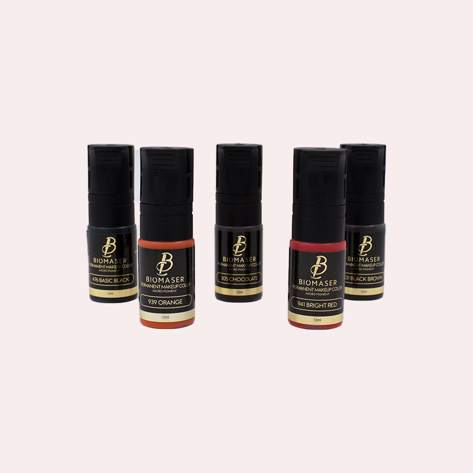 Biomaser permanent makeup pigments including black, orange, chocolate, and red colors, ideal for professional tattoo artists
