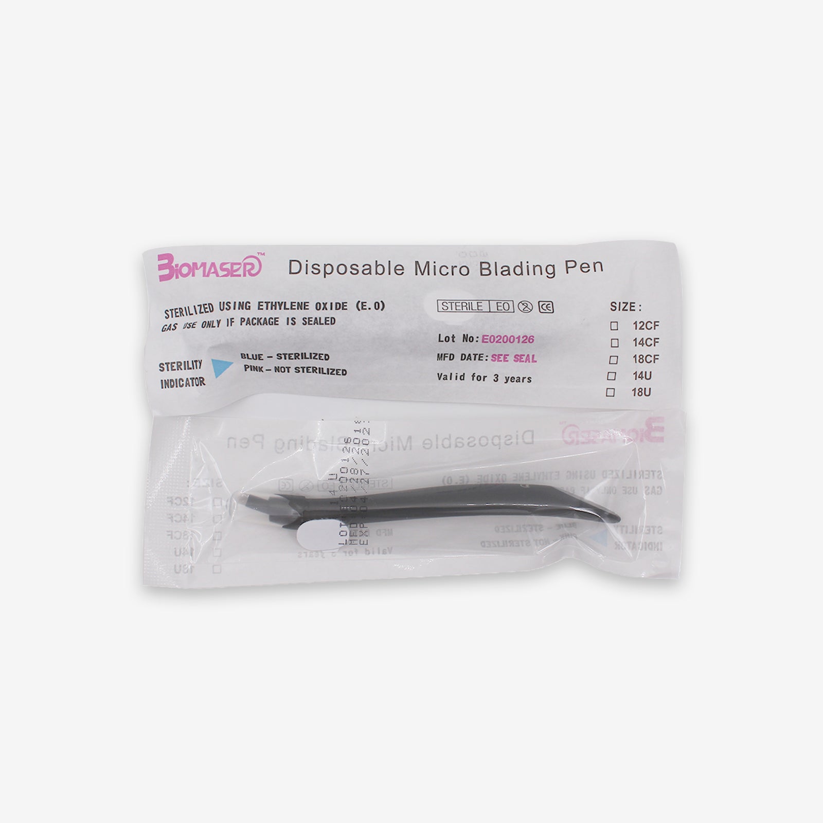 Biomaser disposable microblading pen, sterile pack, black handle and blade, for eyebrow PMU, with size options.