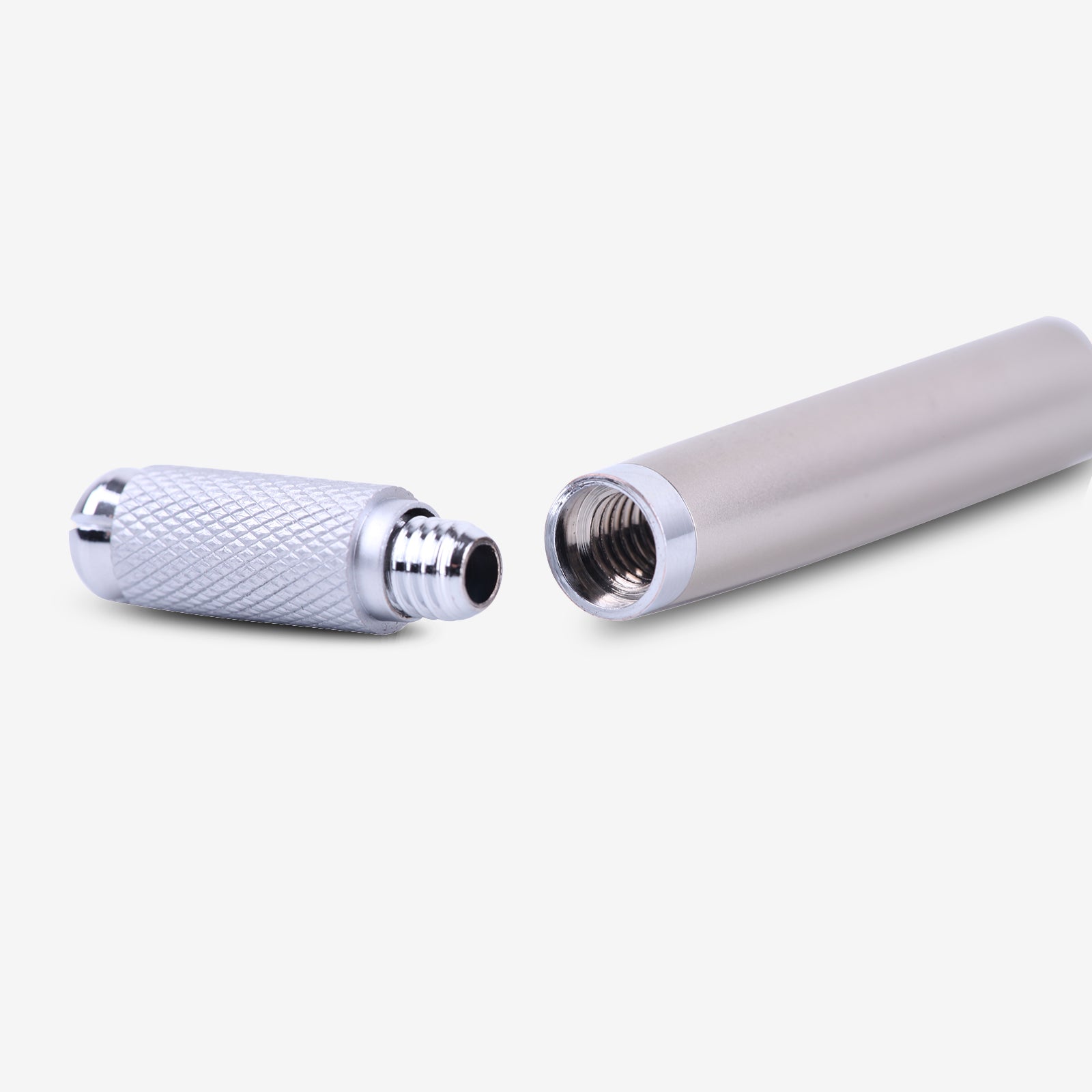 Microblading pen detail: silver stainless steel components with threaded connection for professional tattoo equipment