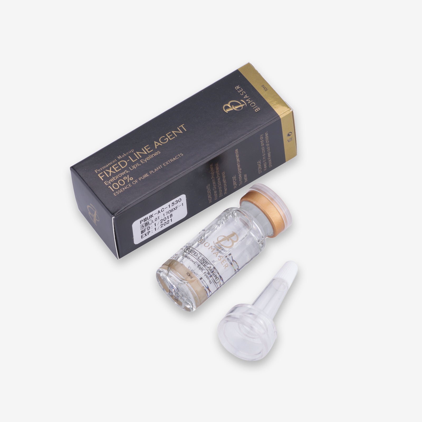 Biomaser Fixed-Line Agent for permanent makeup, eyebrow, lip, and eyeliner treatments. Helps pigment penetration.