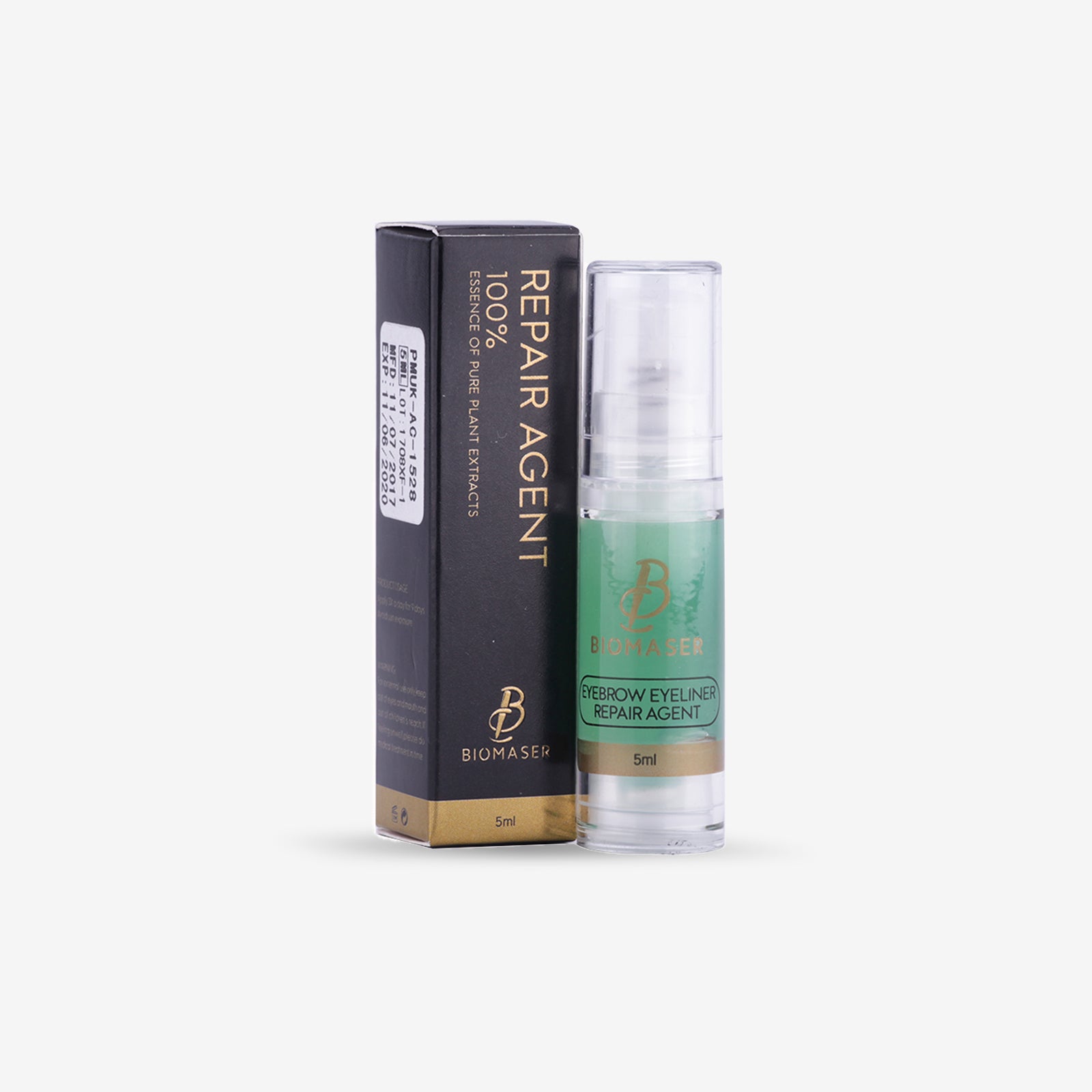 Biomaser eyebrow & eyeliner repair gel, 5ml bottle and box, essential for tattoo aftercare, professional tattoo supplies