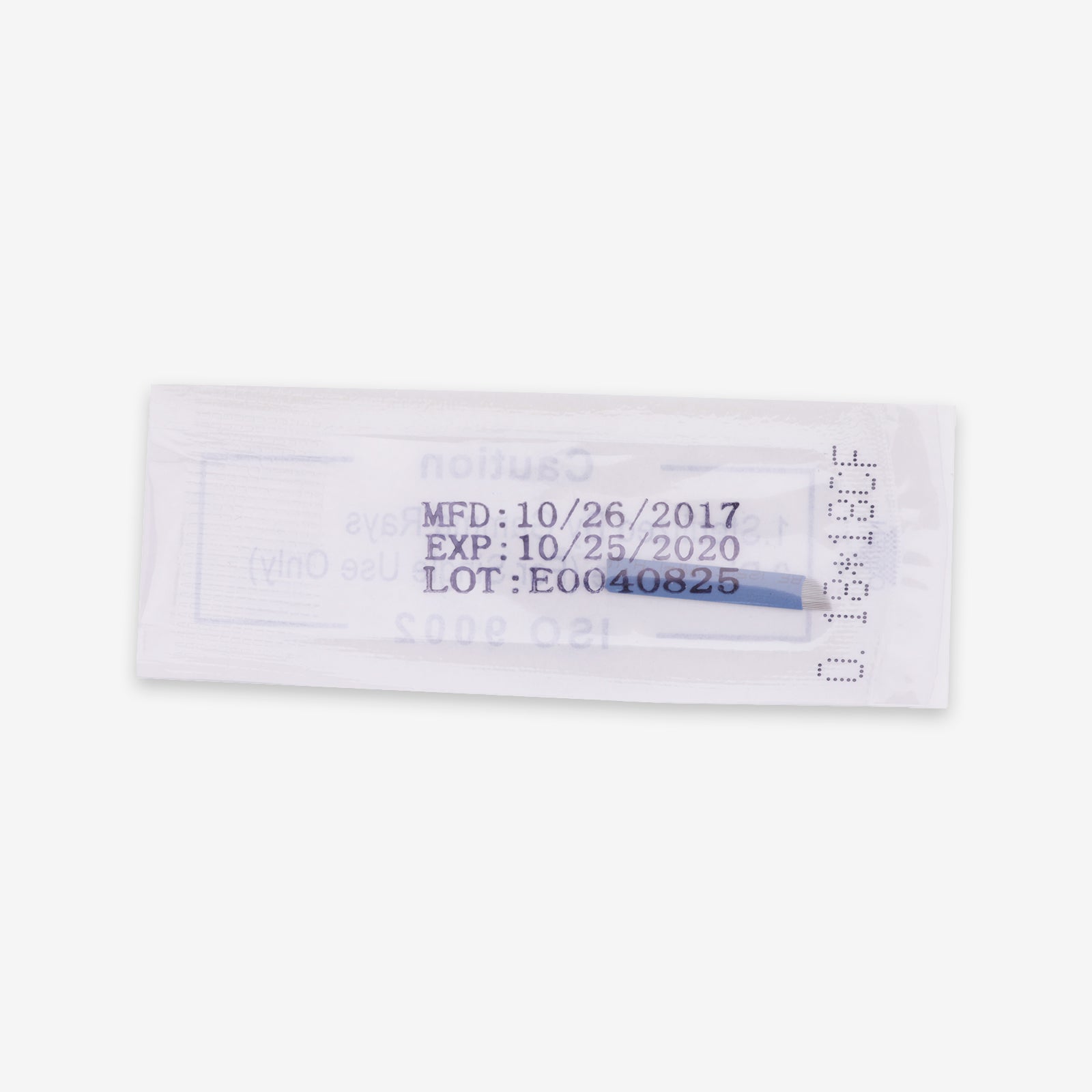 Sterile microblading needle package with MFD, EXP, and Lot number. Disposable eyebrow tattoo supplies by Biomaser.