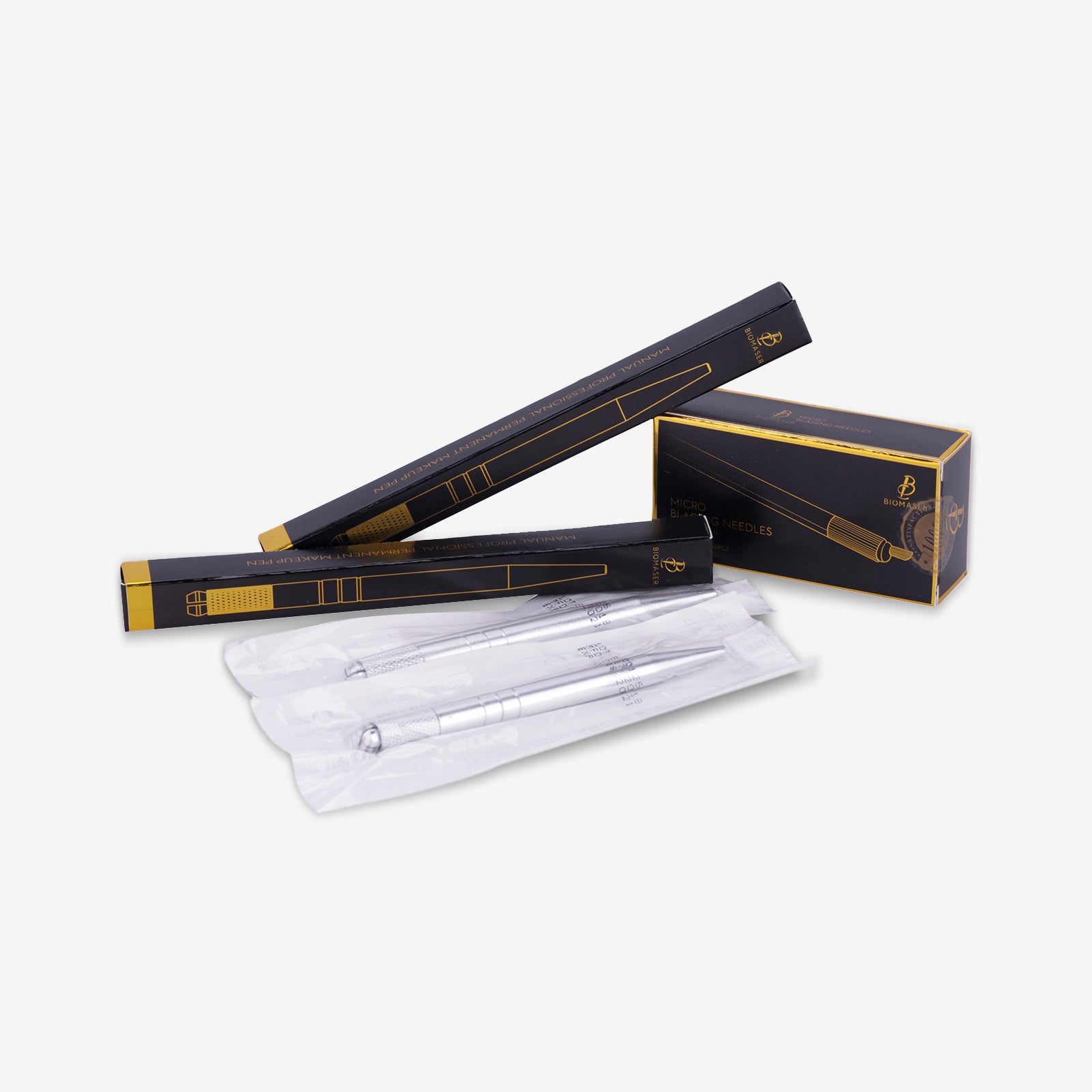 Biomaser silver microblading pen set with black and gold packaging, professional tattoo supplies for permanent makeup
