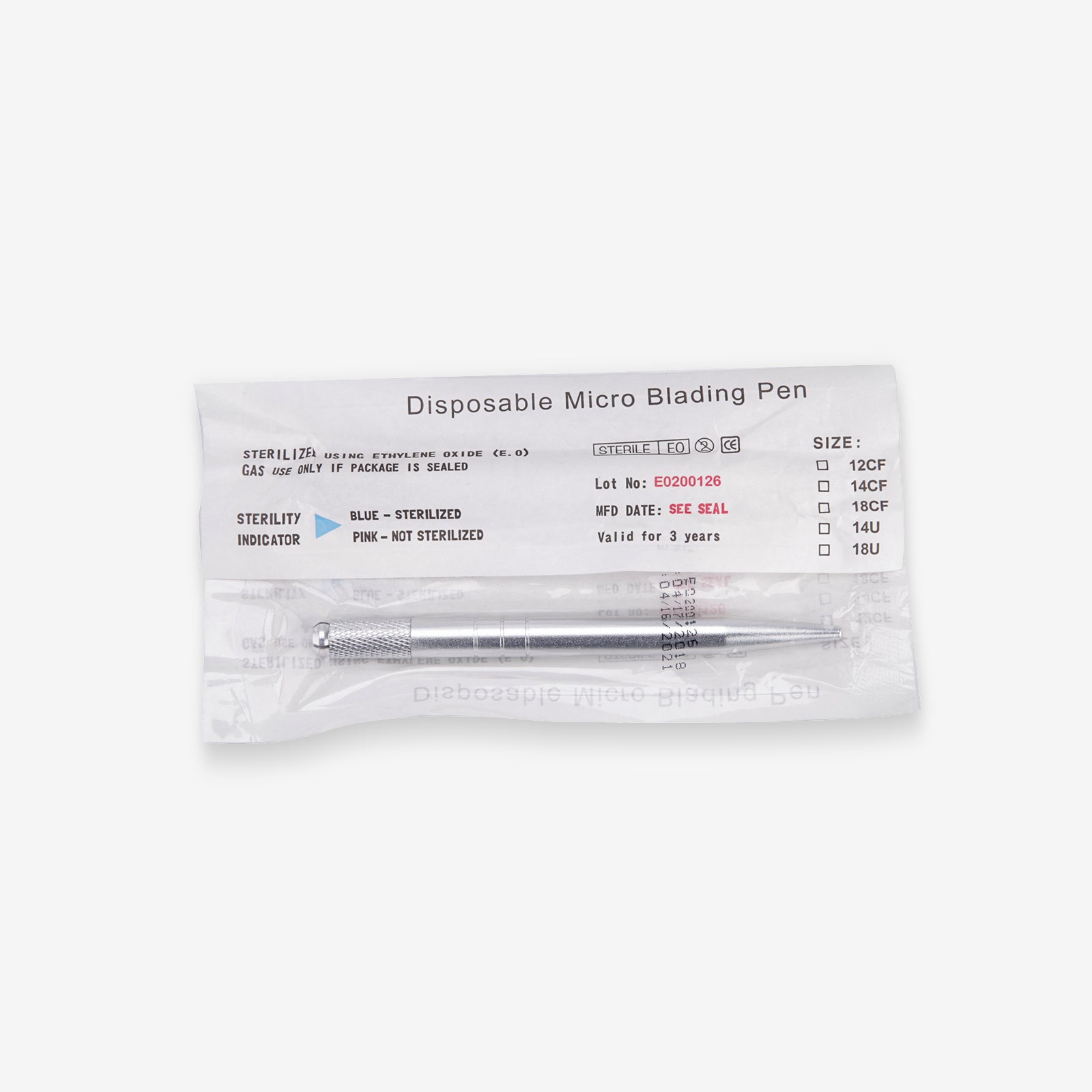 Disposable silver microblading pen in sterile packaging, professional tattoo equipment for permanent makeup