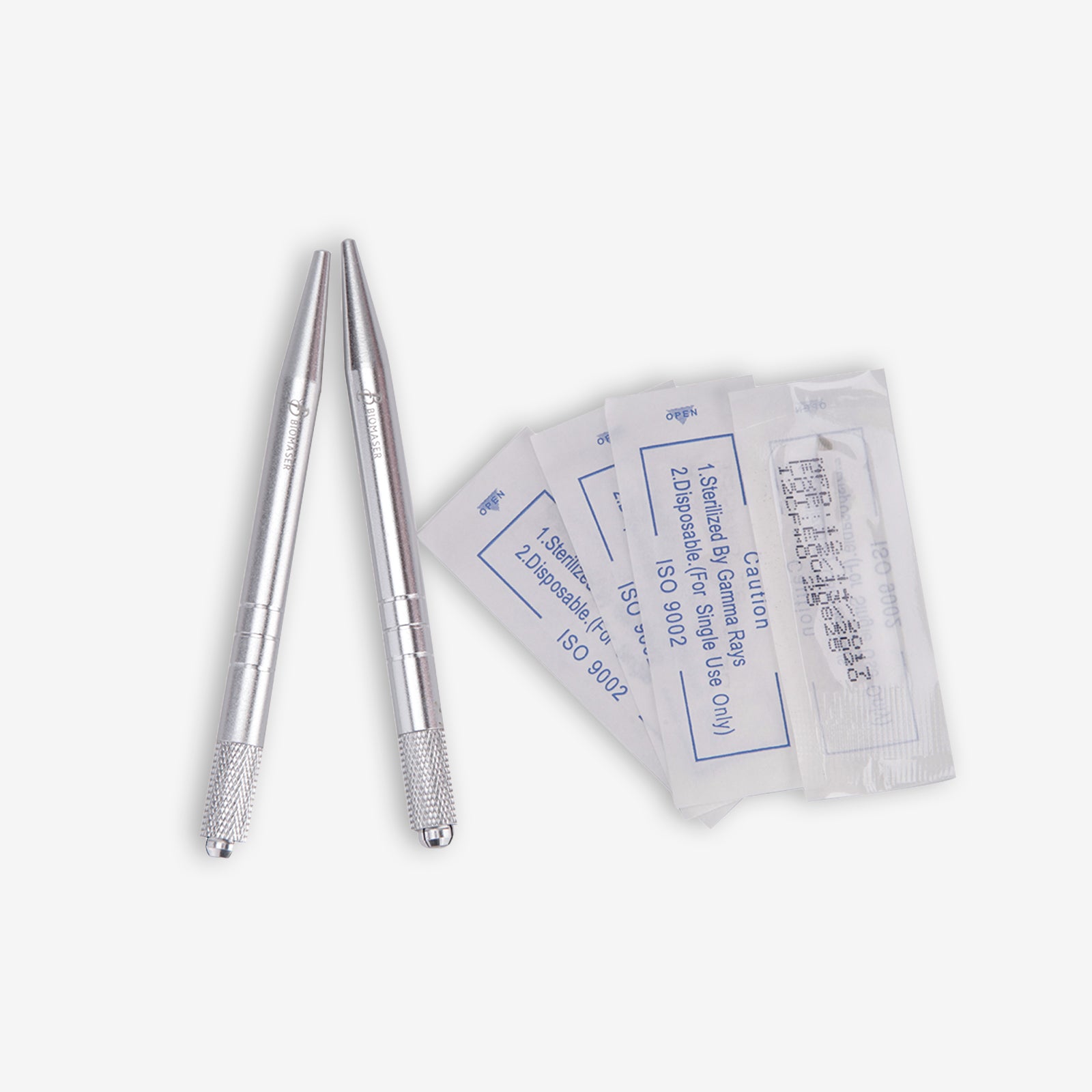 Silver aluminum microblading pen set and sterilized needles, professional tattoo equipment, Biomaser permanent makeup tools.