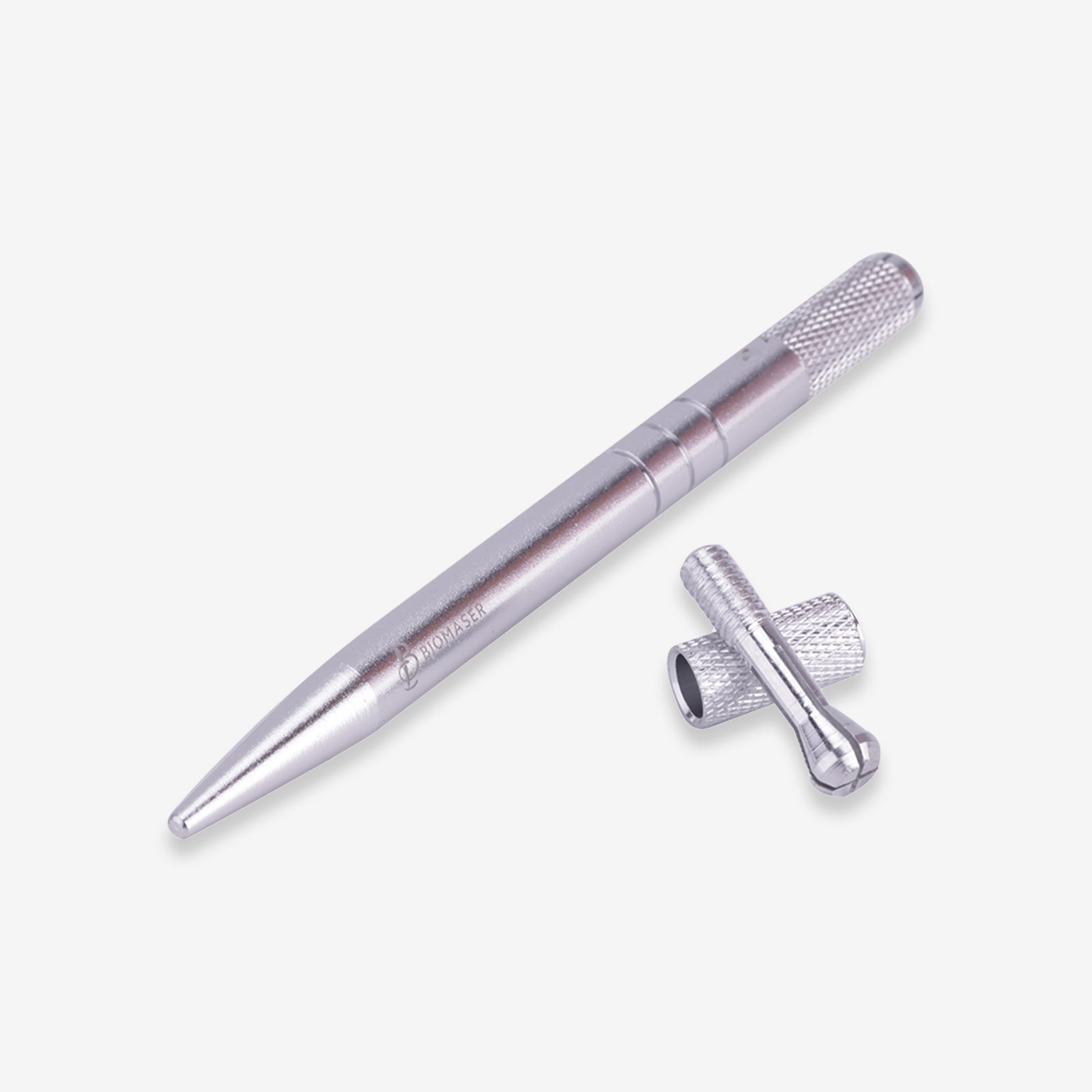 BIOMASER silver aluminum microblading pen for professional eyebrow, eyeliner, and lip line tattoo procedures.