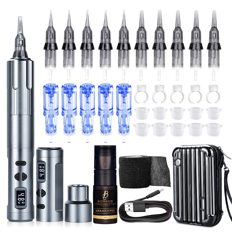 Biomaser Wireless PMU Machine Kit with tattoo pen, universal cartridge needles and tattoo ink, tattoo equipment