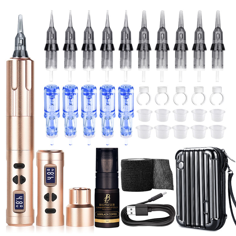 Rose Gold Wireless PMU Machine Kit with Cartridge Needles and Supplies - Thunderlord Power Tattoo Equipment