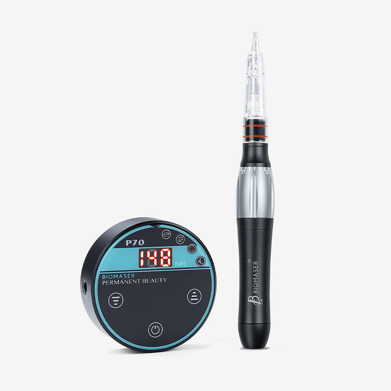 Biomaser P70 Mini PMU Machine Kit - Professional tattoo equipment with digital control and handpiece, with digital display