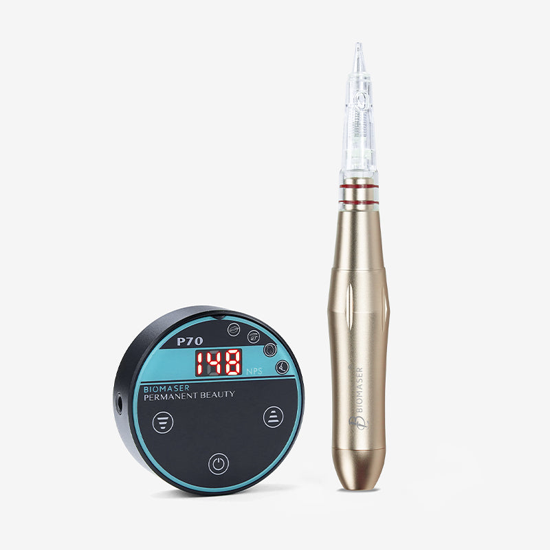 Biomaser P70 Mini PMU machine kit with digital display and gold handpiece, professional tattoo equipment