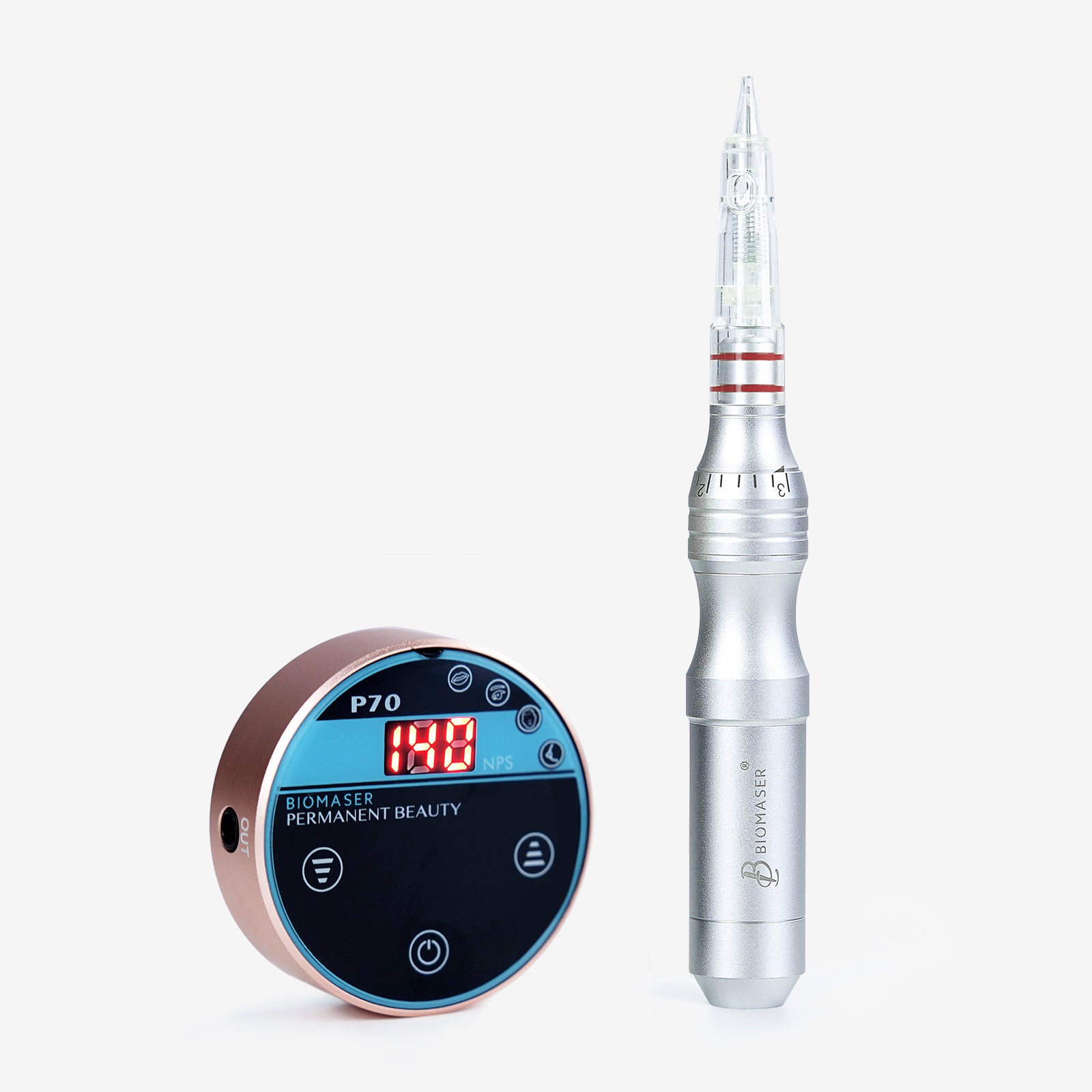 Biomaser P70 Mini PMU machine kit, with rose gold digital control panel, and silver handpiece for permanent makeup.