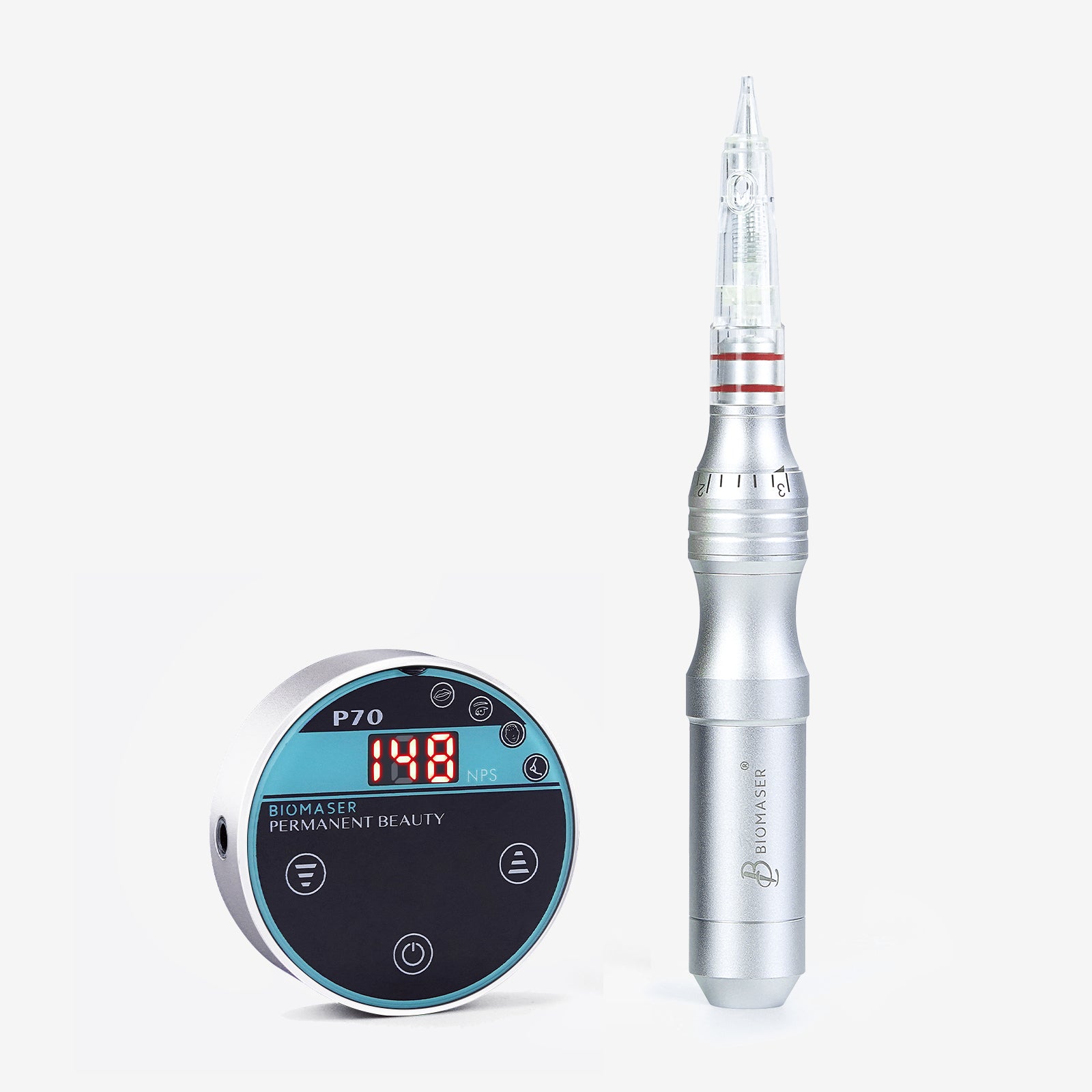 Biomaser P70 Mini PMU machine, professional tattoo equipment with digital control and handpiece for permanent makeup.