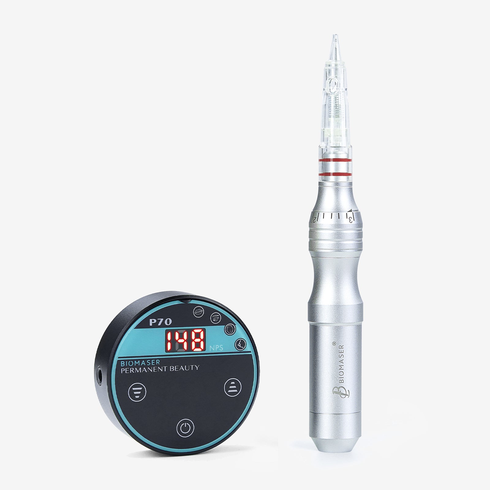 Biomaser P70 Mini PMU machine kit with digital control and handpiece. Professional tattoo equipment for permanent makeup.