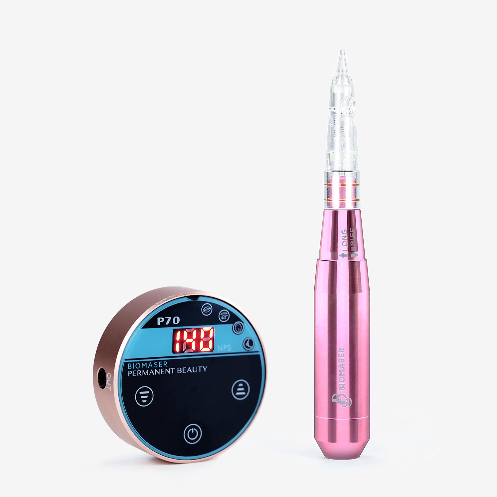 Biomaser P70 Mini PMU Machine Kit with digital display, rose gold control panel and handpiece. Professional tattoo equipment.